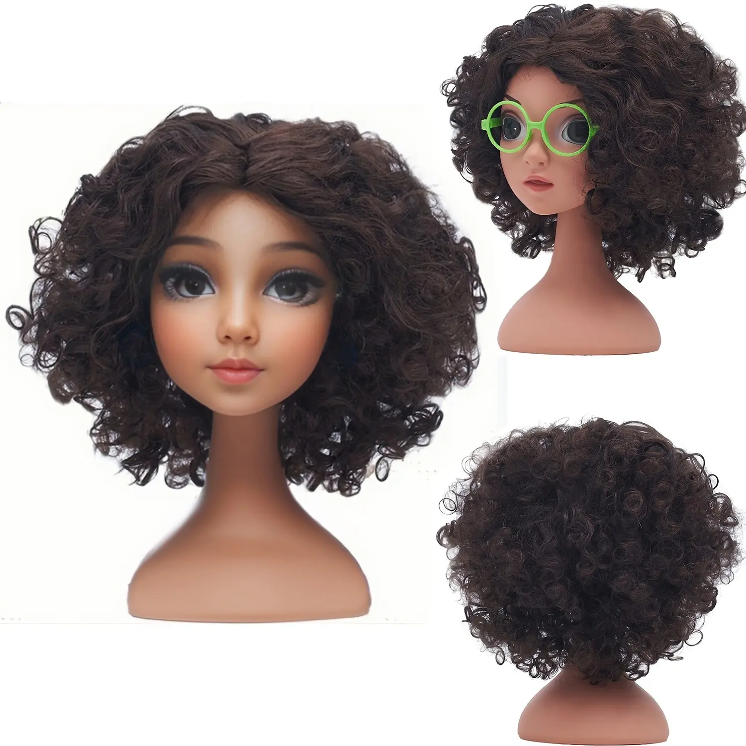 2 Pcs Short Brown Wave Curly Middle Part Costume Synthetic Hair + Green Glasses for Girls  Halloween Party Daily Costumes Wigs