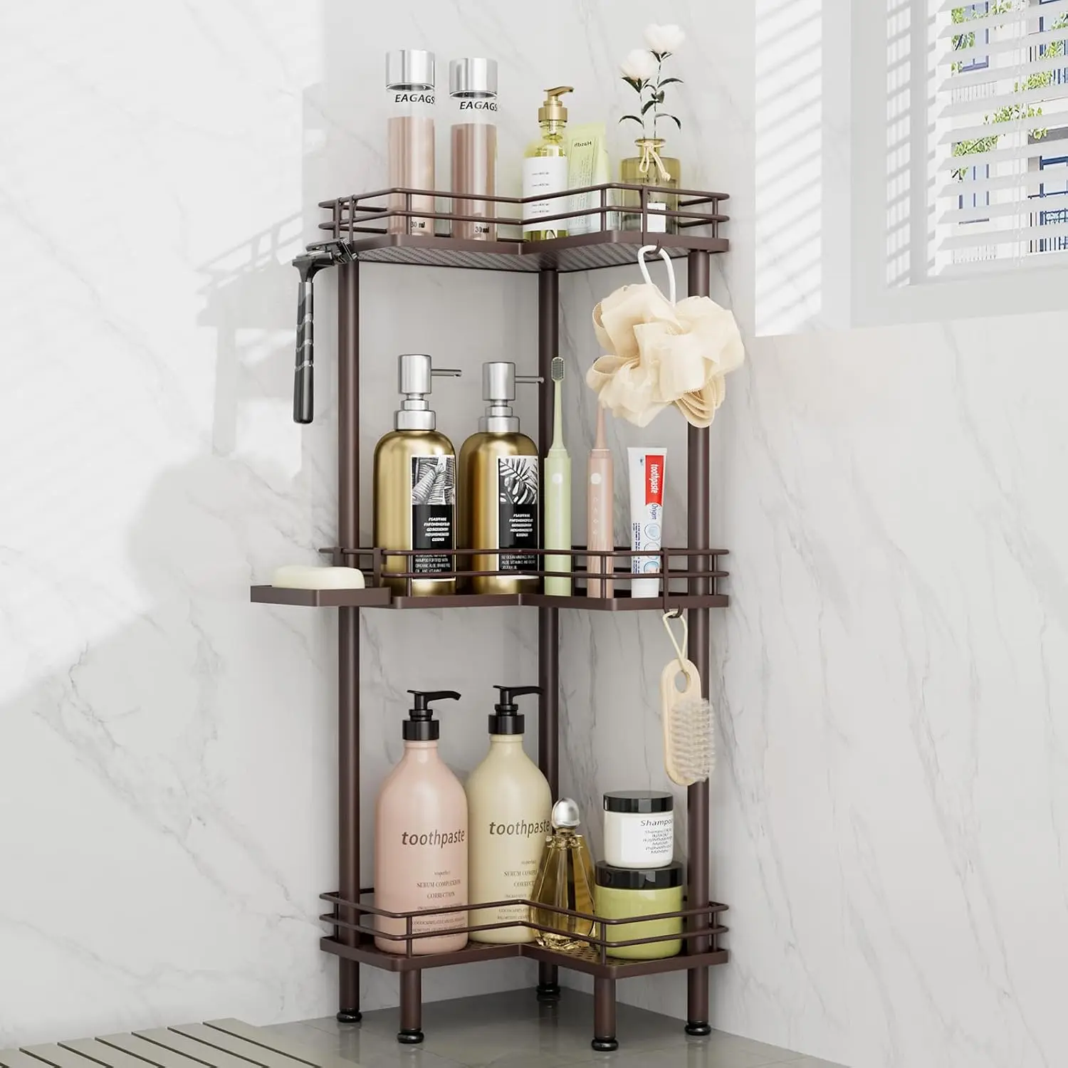 Corner Shower Caddy Standing - 3-Tier Stainless Steel Shower Organizer with Soap Holder and 4 Hooks, Large Capacity Corner Shelf Stand for Bathroom, Rest Room, Bronze