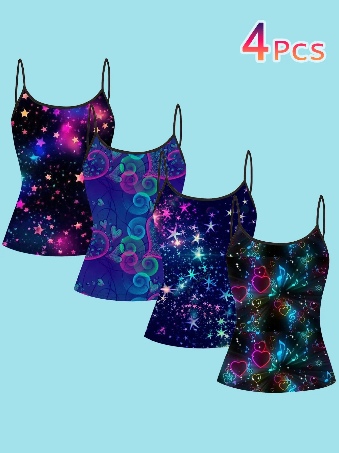 4-Piece Set Colorful Galaxy Starry Pattern Halter Tops, Elastic Short Sweet Cool Style Inner Outer Wear Small Tank Tops