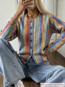Women's All-Season Loose Knit Cardigan with Pattern Print, Ribbed Neckline, Long Sleeves, and Wood Button Closure