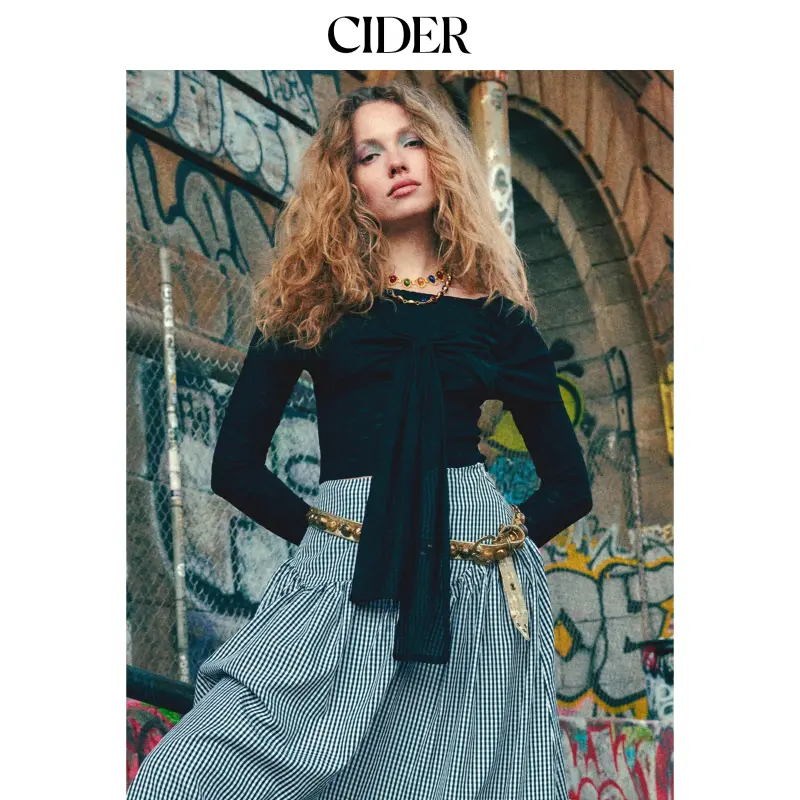 Cider [size 2-10] Mesh Boat Neck Bowknot Long Sleeve Crop Top
