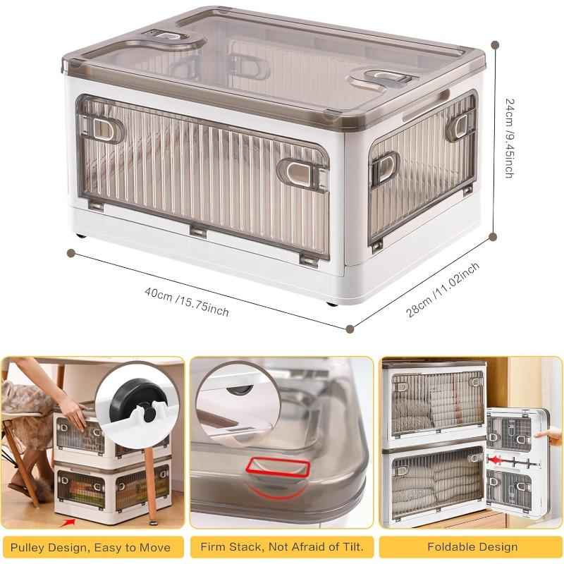 28 Liters Plastic Storage Bins with Lids 2 Pack Stackable Storage Containers with Wheels and 4 Doors Collapsible Storage Boxes for Organizing Clothes Snacks Toys Camping