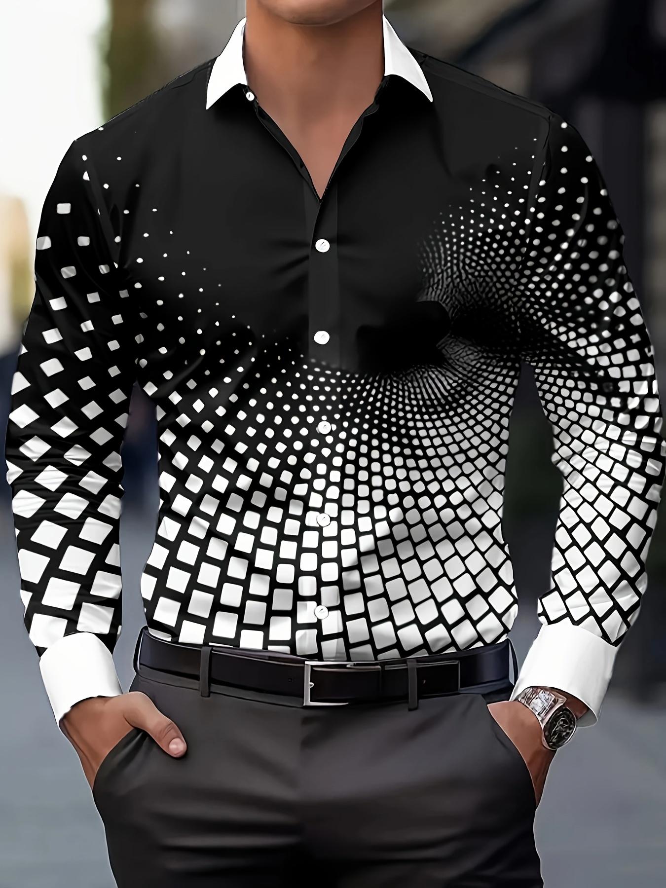 Men's Stylish Black & White Geometric Print Button-Up Shirt - Breathable Long Sleeve Casual Dress Shirt for Spring/Fall, Polyester Fabric, Eye-Catching Design, Autumn Fashion Top |     Modern Casual Shirt |     Smooth Texture Shirt233
