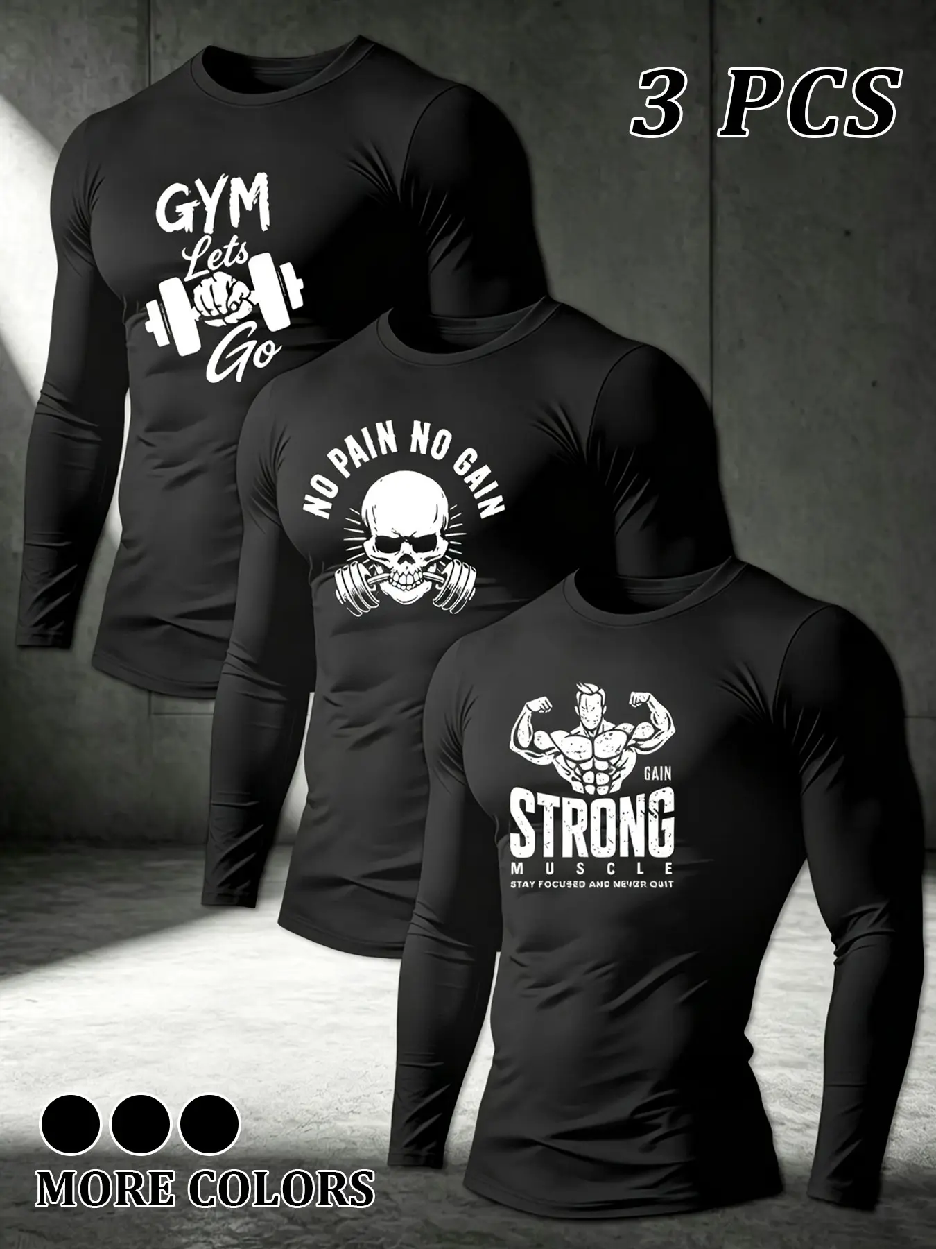 3 Pack men’s Gym Compression Long Sleeve Workout Tees 3 Colors Black Red Navy, Quick Dry Stretch Slim Fit Training Tops With 3 Unique Fitness Graphic Prints: GYM Lets Go Dumbbell Fist, No Pain No Gain Skull Bite Dumbbell, Strong Muscle Bodybuilder Slogan,