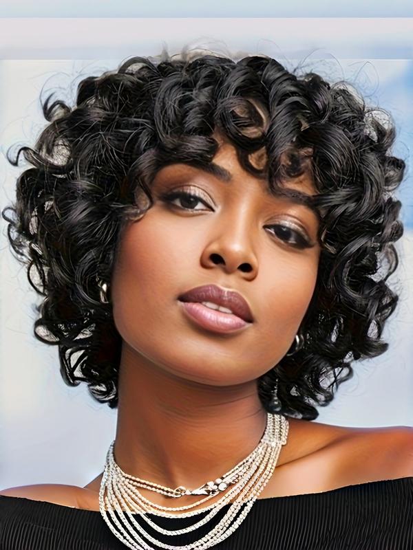 Women's Short Curly Bob Wig, 8-Inch Chicken Rolls Human Hair Elf with Bangs, Full Machine Made, 180% Density, Natural Loose Waves Women's Short Curly Bob Wig, 8-Inch Chicken Rolls Human Hair Elf with Bangs, Full Machine Made, 180% Density, Natural Loose Waves