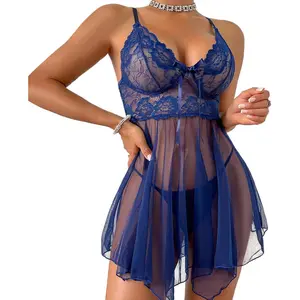 Goddess wardrobe Women's Lingerie Sexy Lace Babydoll Dress Pajamas with Pantie Navy