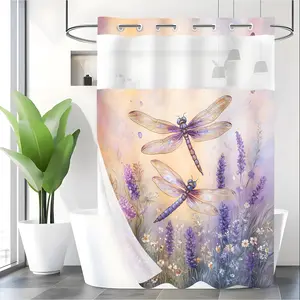 LVRLVR 1pc Watercolor Nature Dragonfly Lavender Shower Curtain, Floral Insect Print, Sheer Top Window, Detachable Liner & No Hook C-Ring, 70.8" x 74"