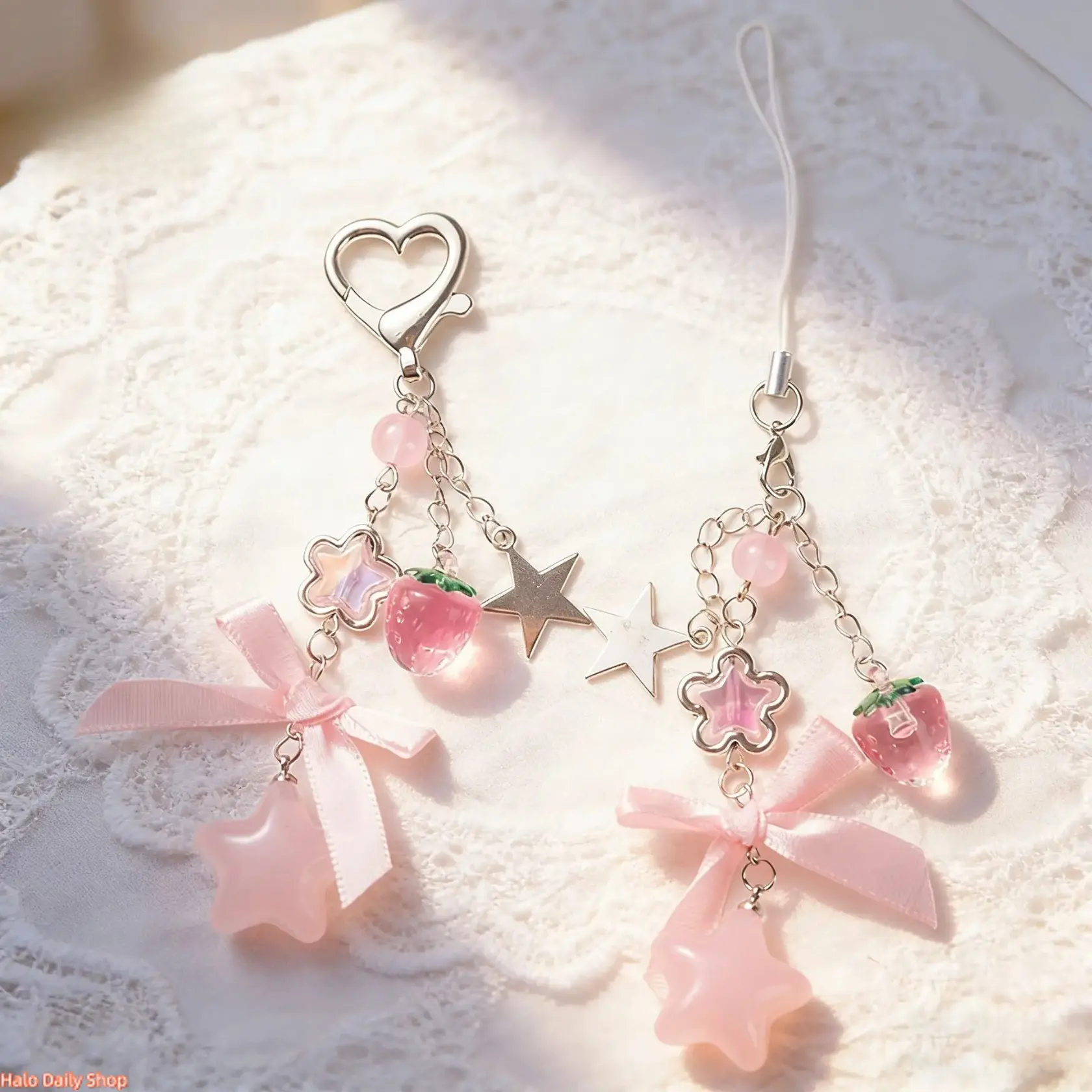 Cute Charms 2-Pieces Strawberry & Star Phone Charm-Keychain Set, Pink Ribbon Bow & Tassel Detail Star Motif Accessory for Phones, CCD Cameras