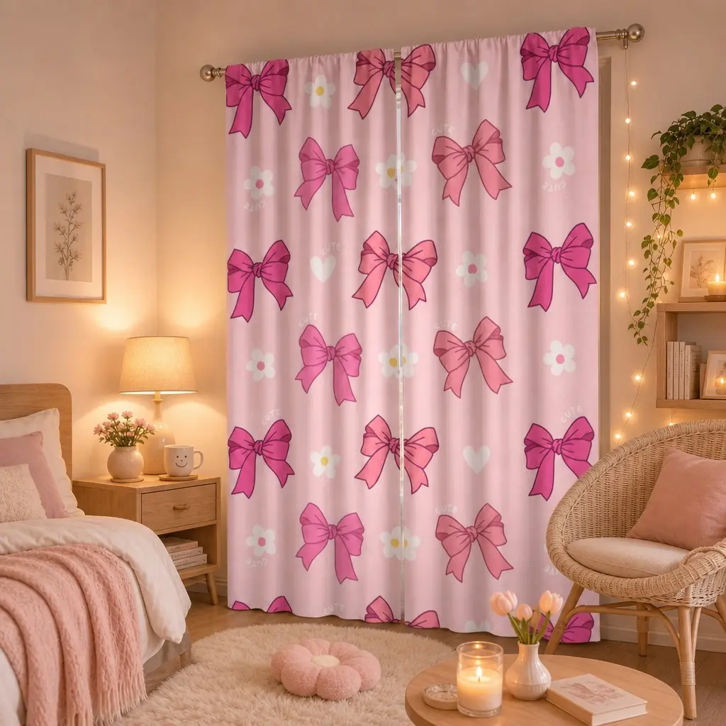 2 Pcs Cute Bow Flower Curtains, Sweet Heart Daisy Print Rod Pocket Dual Panel, Romantic Soft Home Decor, Girl Bedroom, Baby Room, Dormitory