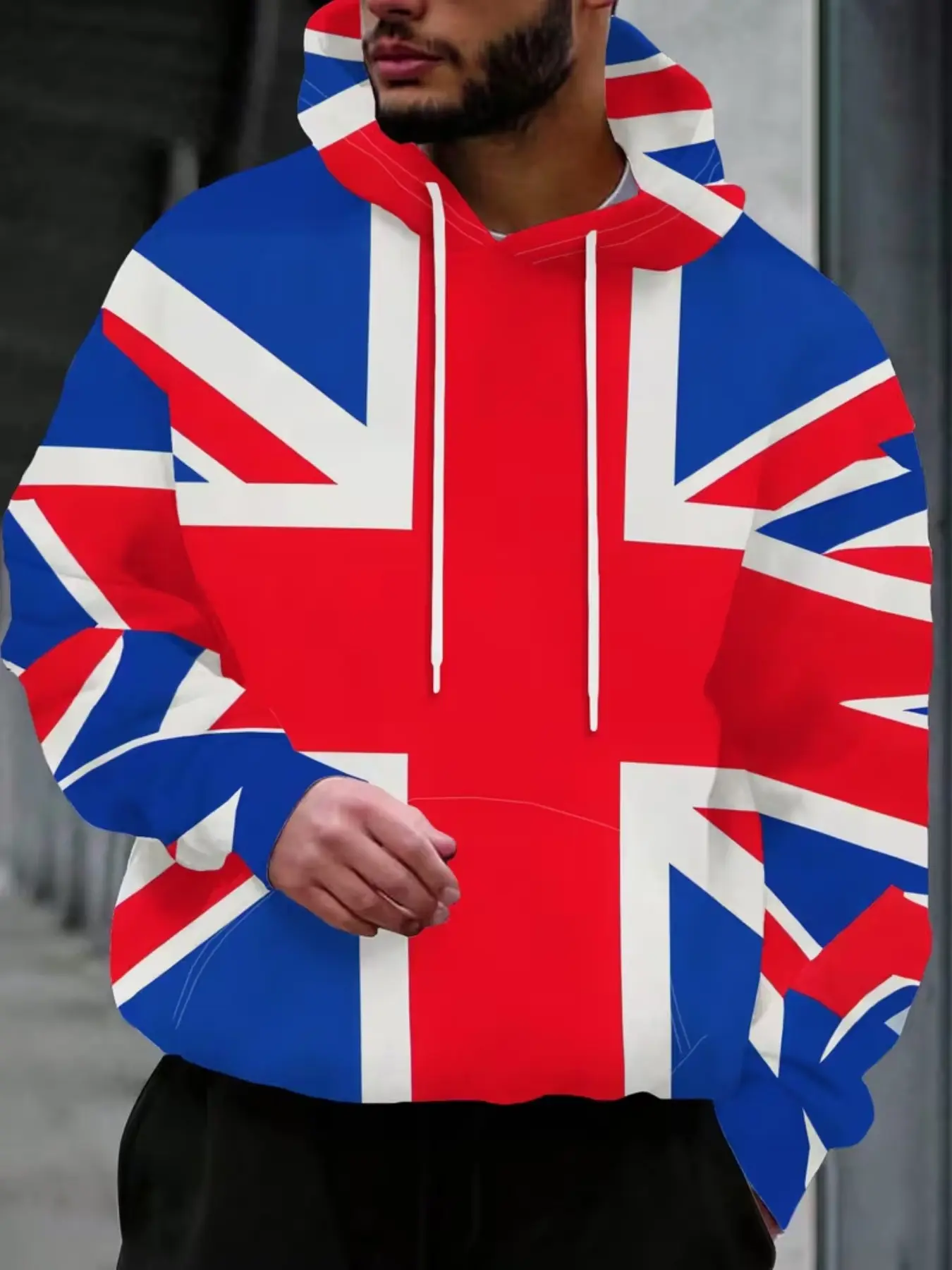Men's Pullover Hoodie with Uk Flag Print, Sporty Loose-Fit Fall & Winter Top, Casual Daily Wear, New Arrival Sweatshirt
