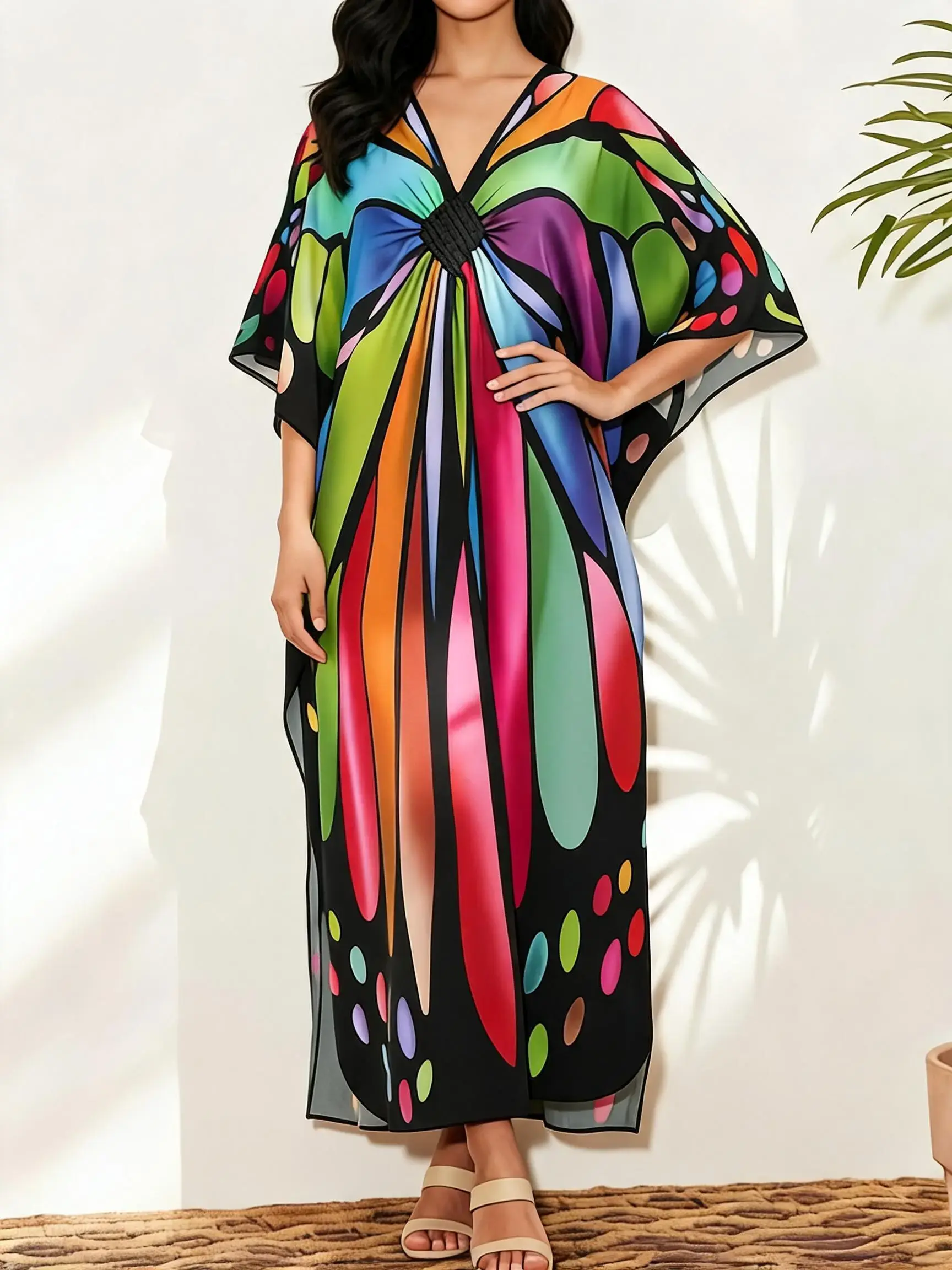 Plus Size Butterfly Print Split Side Kaftan Dress, Boho V Neck Batwing Sleeve Long Casual Dress for Summer Beach Holiday Vacation, Women's Clothes for All Seasons