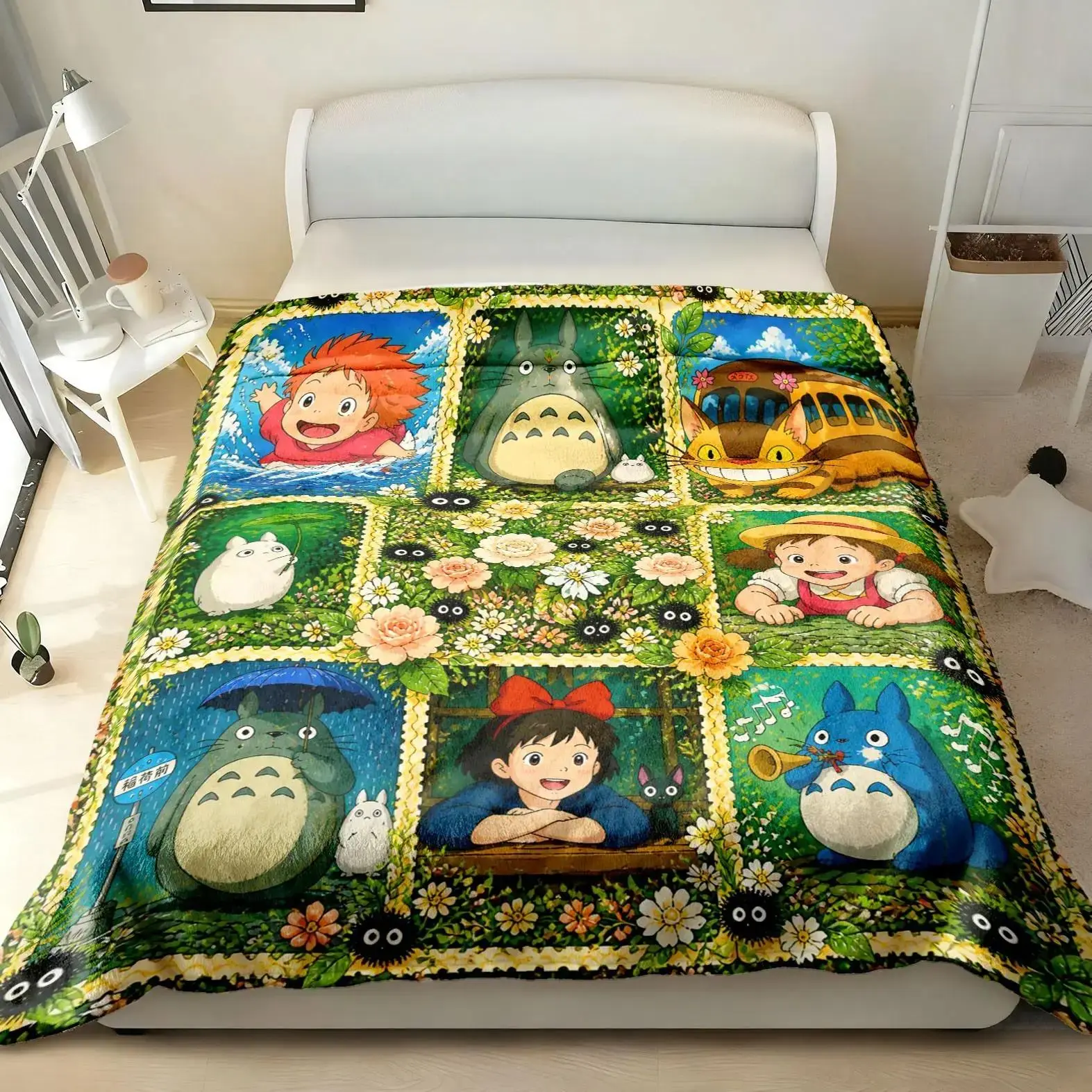 Totoro Ponyo Cat Bus Inspired Cartoon Pattern Flannel Throw Blankets Cooling Blankets Cooling Blanket Duvet Bedding Bed Accessories Comforter Set Ultra Soft Cozy Multi Purpose Decor Blanket for Bedroom Sofa Kids Room Home Holiday Birthday Gift for Ghibli