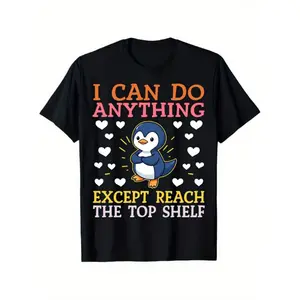 180gFun Penguin & Hearts Graphic T-Shirt |   Cute Penguin Print with Hearts & Bookworm Design, Soft Stretch Breathable Black Crew Neck Tee for Men & Women, Regular Fit, All-season, Vintage Style, 220G Pure