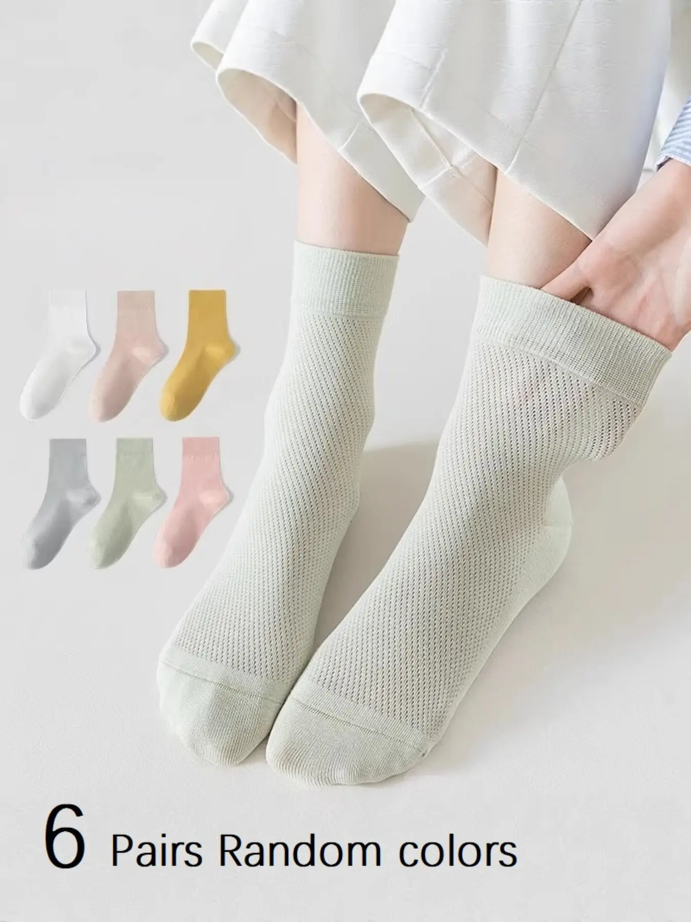 6 Pairs Spring Summer Thin Women's Crew Socks, Mesh Breathable Sweat-Wicking Anti-Odor Mid-Calf Socks, Casual Plain Color Socks, Random Colors, Casual Knit Socks