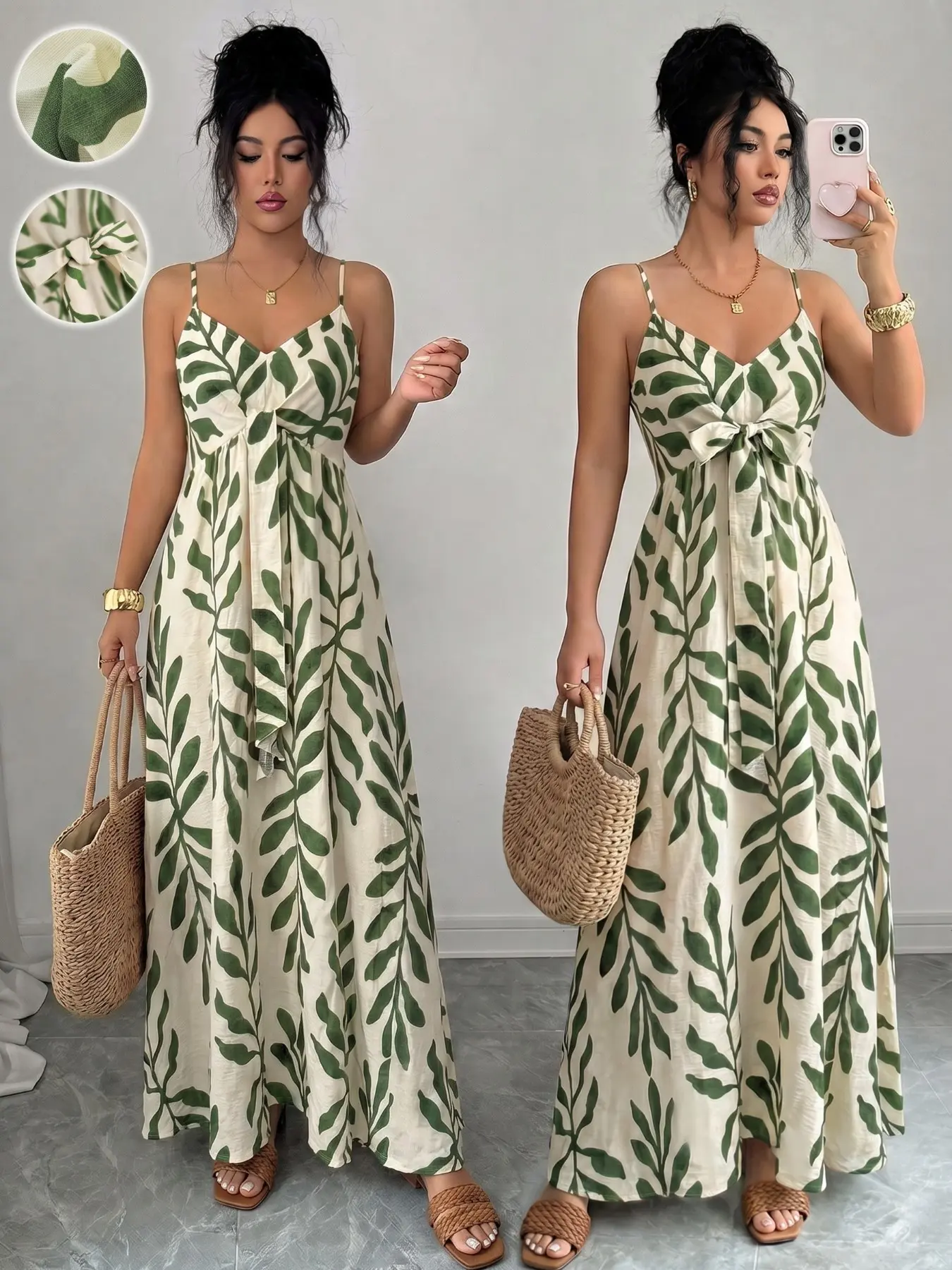 Women's Bohemian Long Floral Print Dress, Sleeveless Adjustable Spaghetti Straps V-Neck, Chest Tie Design, Fashion Summer Wear, Casual Beach Vacation Boho V Neck
