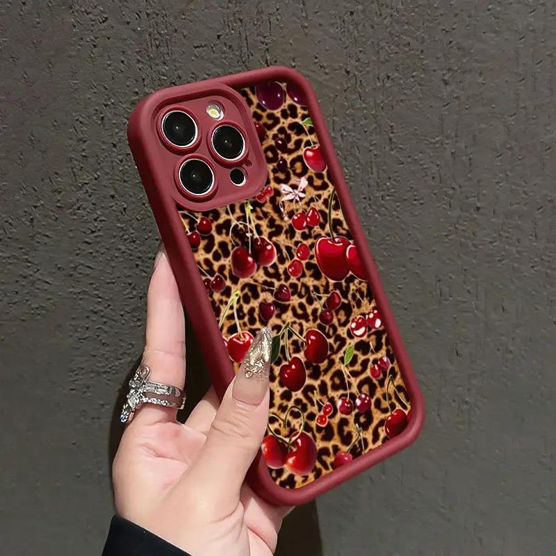 High Bamboo Wine Red Leopard and Cherry Pattern Sweet and Spicy Shockproof TPU Case for iPhone 17 Pro Max 16 16e 15 14 Plus 13 12 Mini 11 Air X XS Straight Edge Drop-Resistant Rugged Durable Cover Shell Gift 2D printing