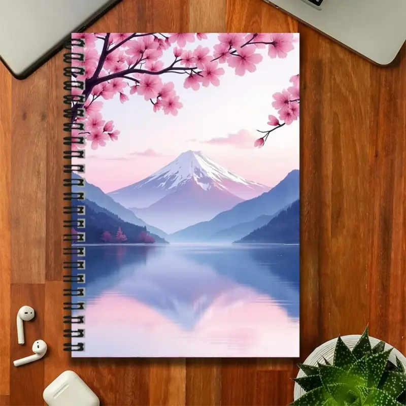 A Japanese-style aesthetic spiral-bound notebook featuring a scene of Mount Fuji and cherry blossoms, with a delicate cover that is as poetic as it is picturesque. A good companion for work and study, can be used for journaling, daily planning, and note-t