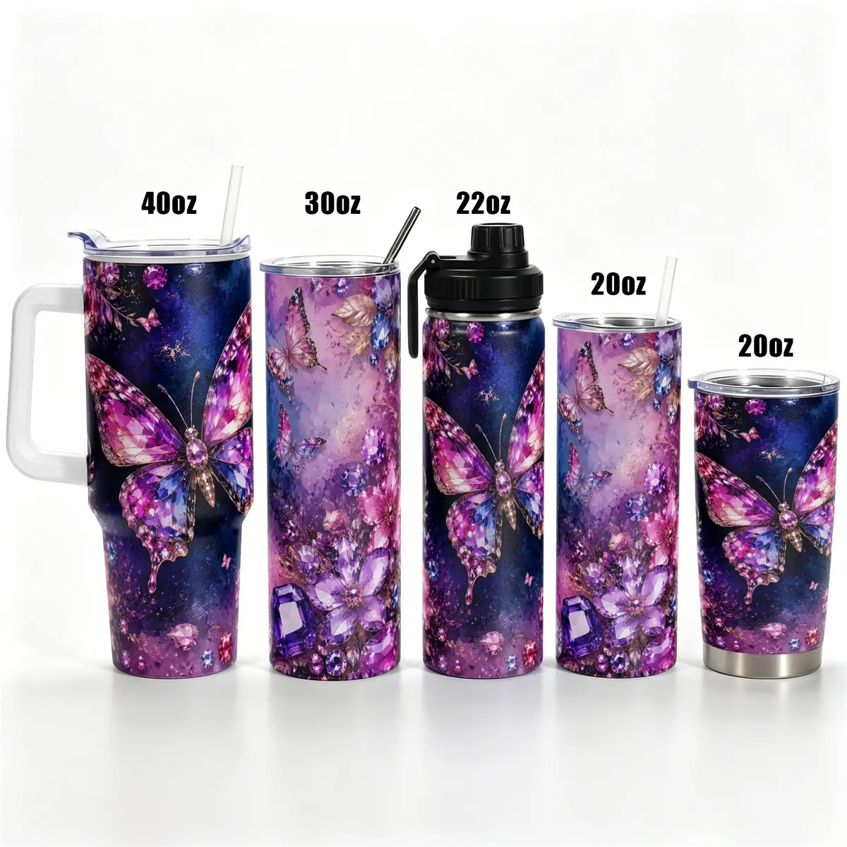1 pc, 40oz/30oz/22oz/20oz Stainless Steel Vacuum Insulated Cup, 18/8 Food Grade Double Wall Travel Flask with Leak Proof Lid, Sweat Proof Cup Holder Friendly, Amethyst Butterfly UV Print, Keep