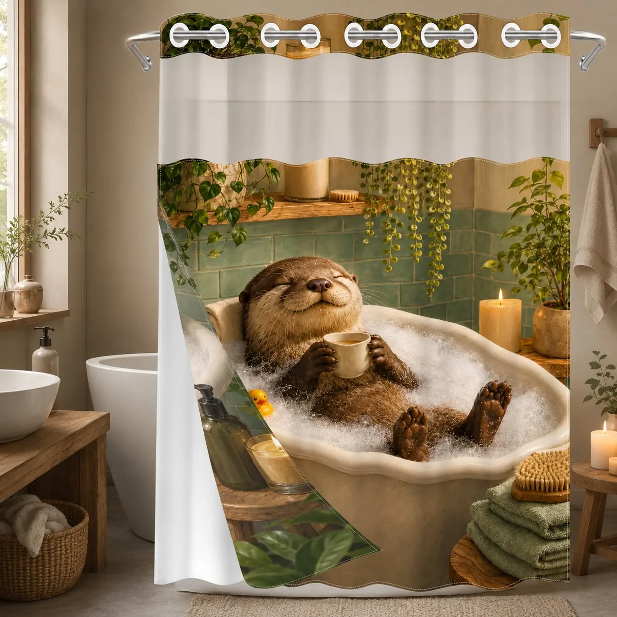 1Pc Hookless Double Layer Shower Curtain Set, Funny Otter Relaxing in Bathtub Print, Snap-In Waterproof Mildew-Resistant Liner, Fabric Outer Curtain with Sheer Viewing Window, 71×74 Inch, Machine Washable, for Home, Apartment and Hotel Bathrooms