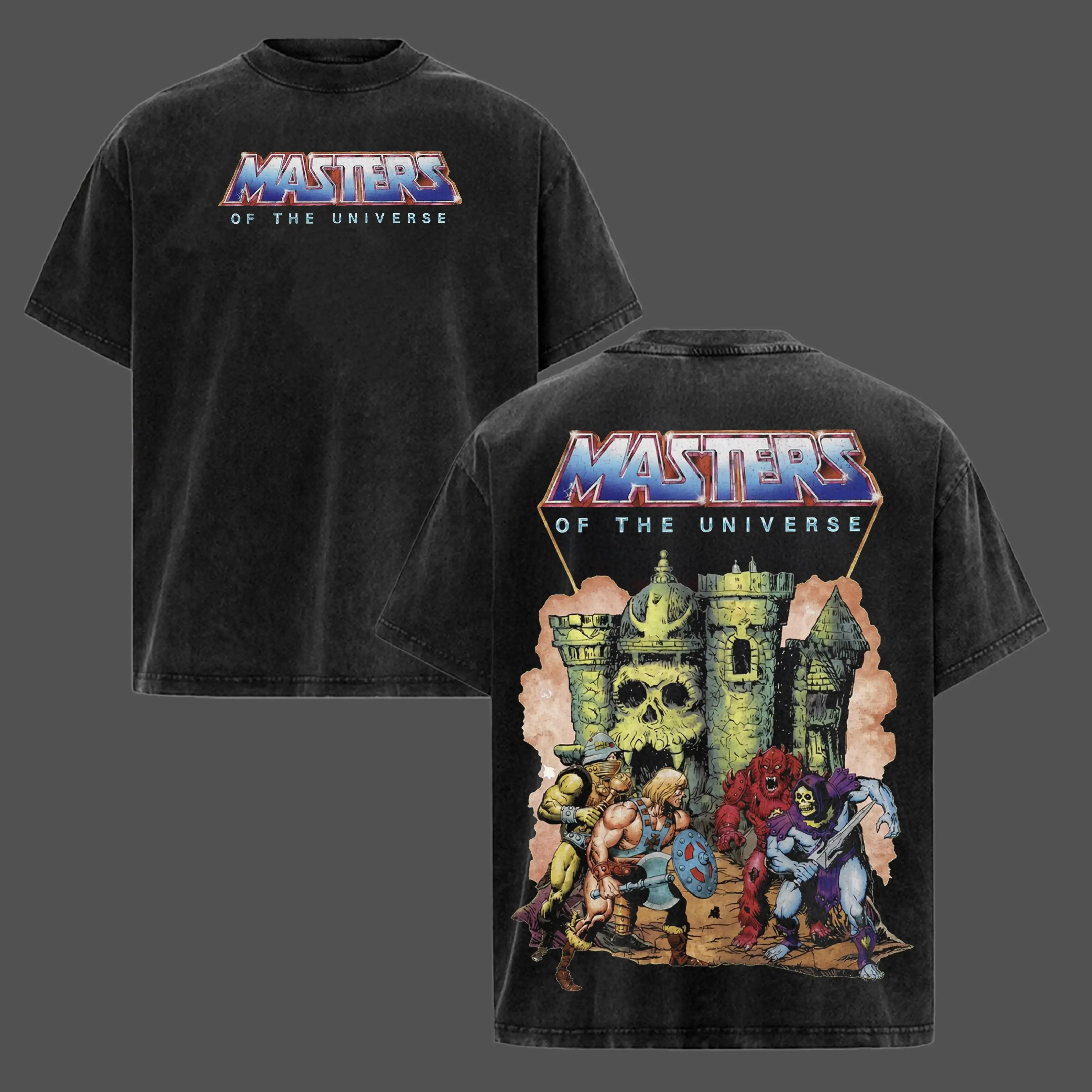 Men's Thrift Distressed 80s Cartoon T-Shirt, Menswear Top, Big He-Man Castle Grayskull Full Character Retro Comic Graphic Back, Mini Masters Of The Universe Logo Chest Front, Grunge Casual Shirt