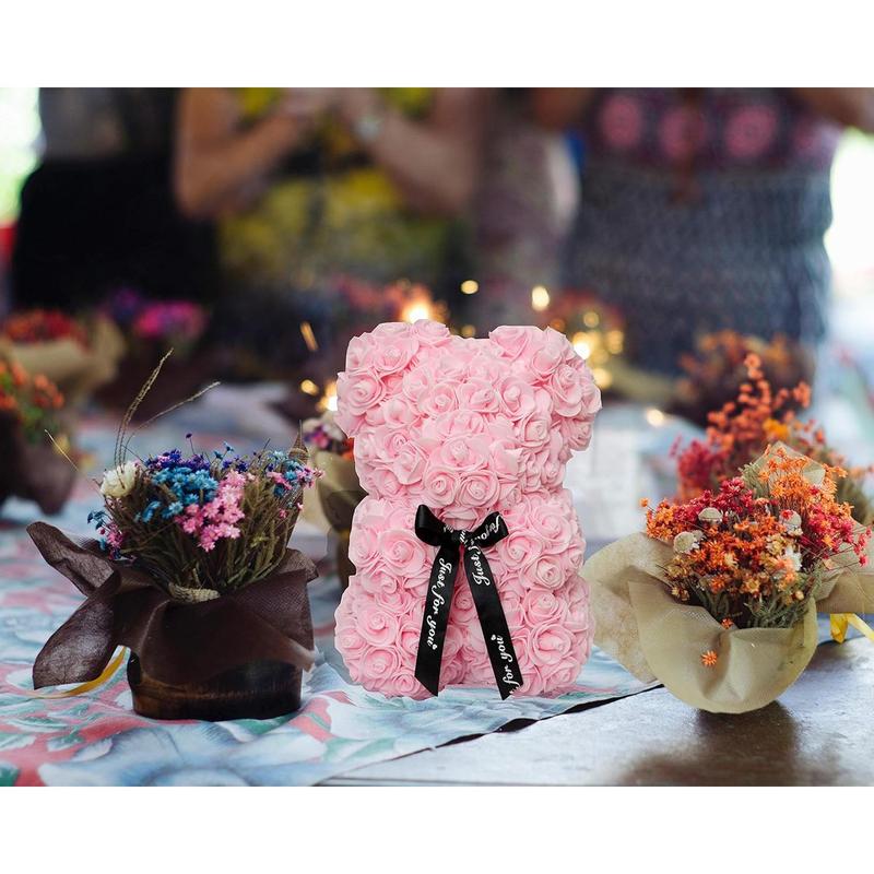 Rose Bear Rose Teddy Bear Flower  Black Box for Valentines Gifts Anniversary Christmas,Birthdays Bridal Showers -Fully Handmade 10 inch Flower Bear Clear  Box (Light Pink)