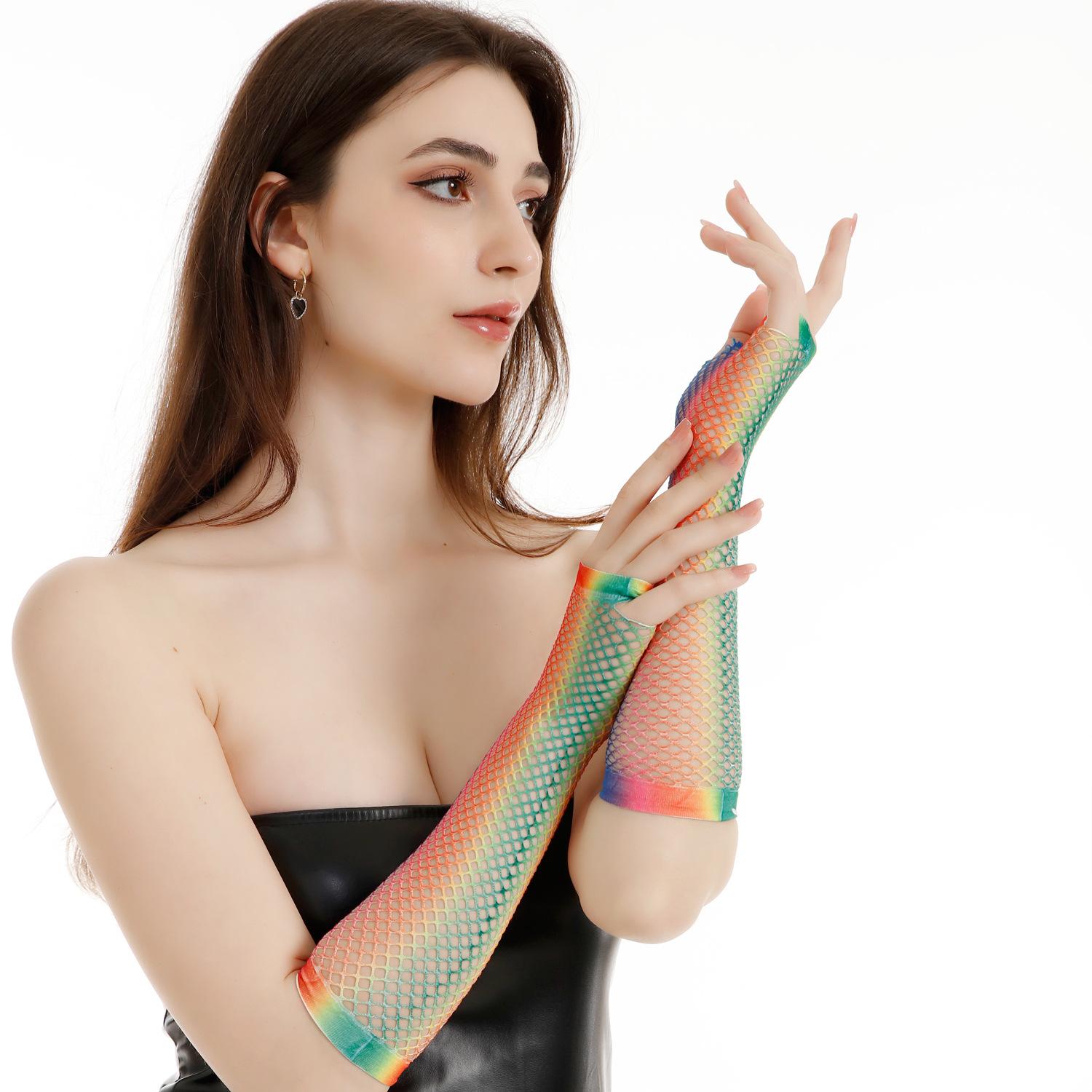 Medium and long colorful printing stretch rainbow fishing net gloves cosplay show party accessories