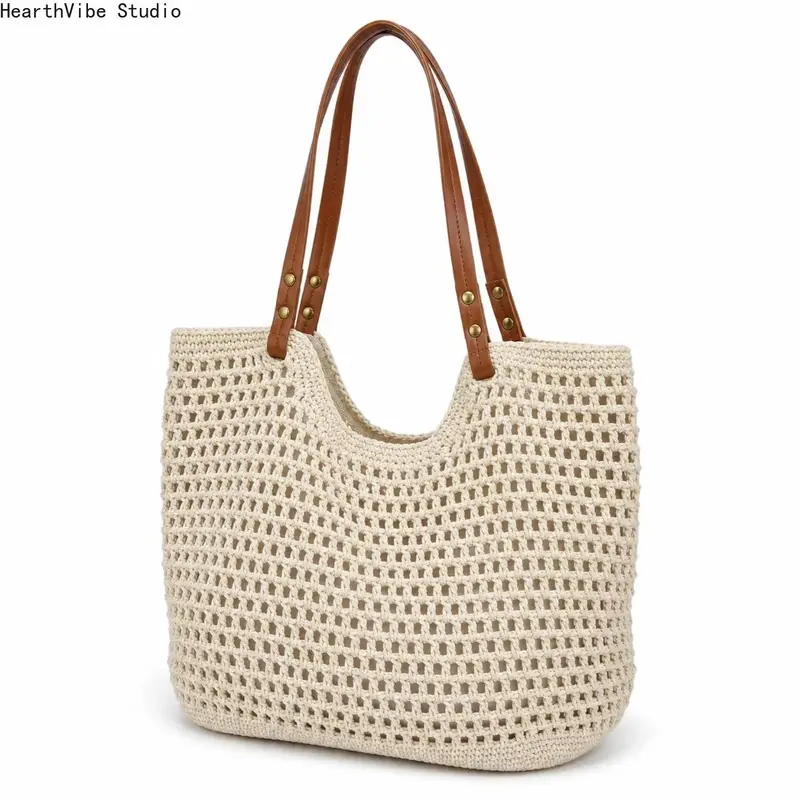 Women's Lightweight Brown Crochet Casual Handbag - Open-Knit Mesh Tote with Faux Leather Grip, Magnetic Closure, Fashionable Bohemian Gym Bag for Beach & Shopping