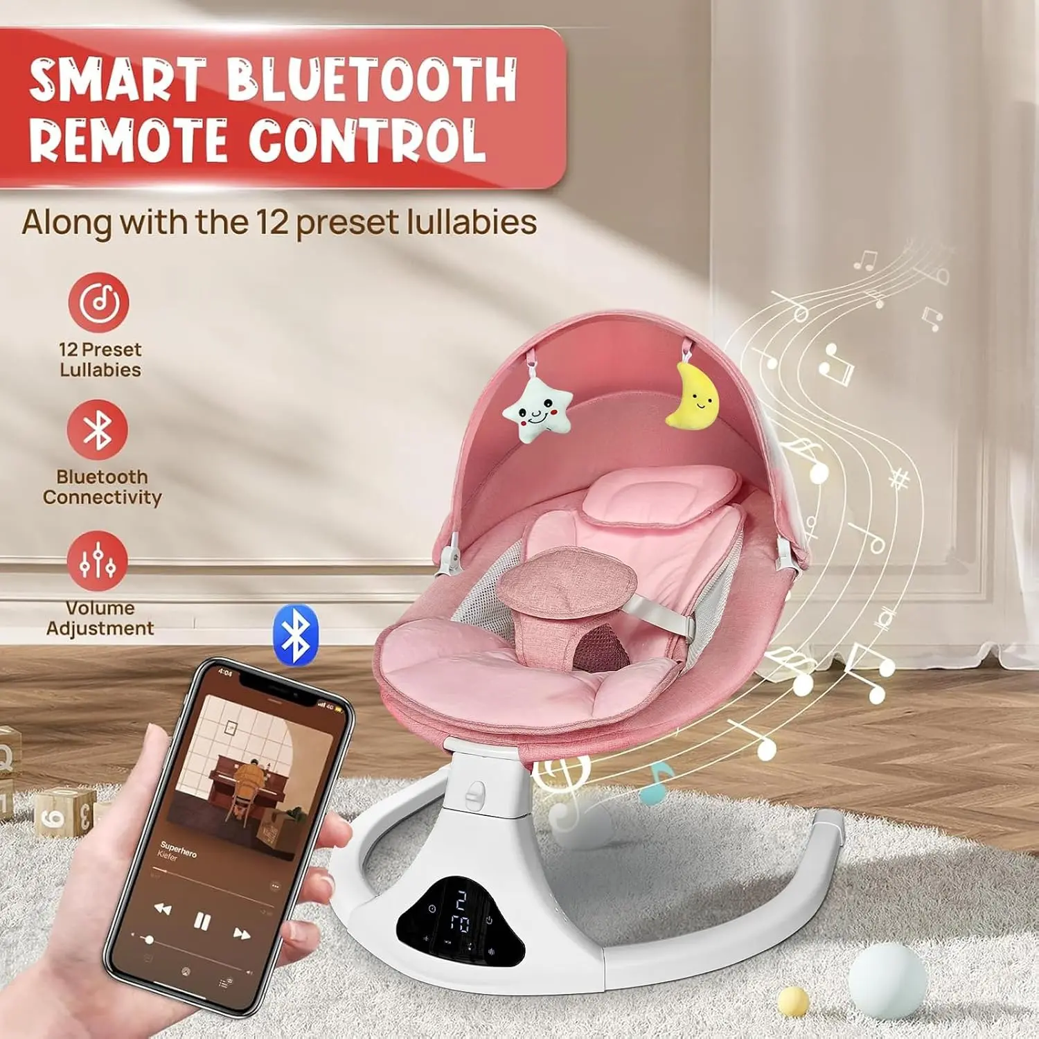 Pink Electric Baby Swing Chair - Remote Control, 5 Natural Motion Speeds, Detachable Fabric Seat Pad, Portable for Indoor Use (0-12M, 20lbs), Unisex