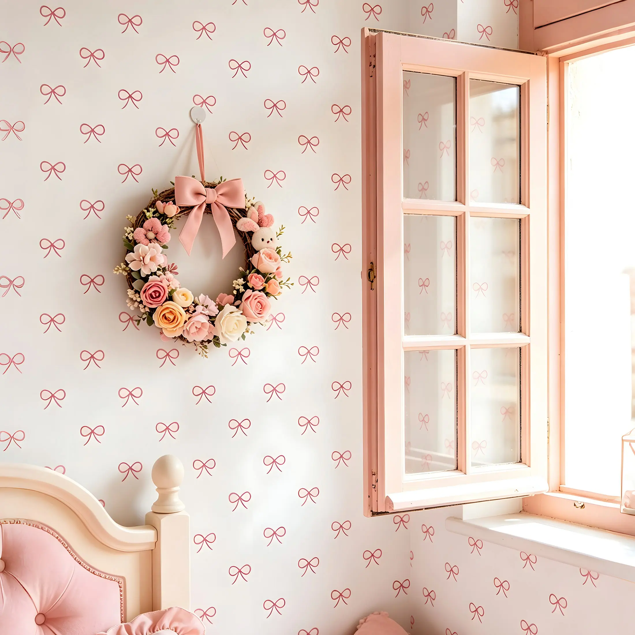Cute Bow Peel and Stick Wallpaper, Waterproof Self-Adhesive Contact Paper, Removable Wall Decor for Girls Bedroom, DIY Furniture Makeover