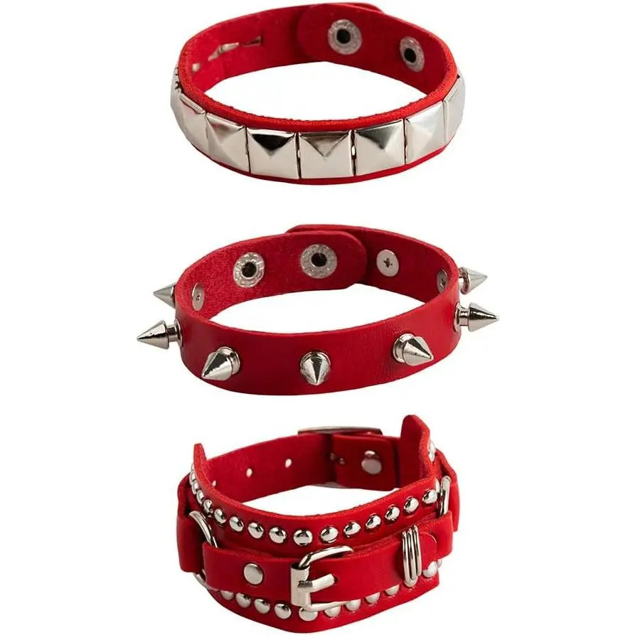 3-Count Adjustable Size Leather Bracelets for Women and Men - Punk Studded, Gothic Look Wristbands (Costume Jewelry Accessory)