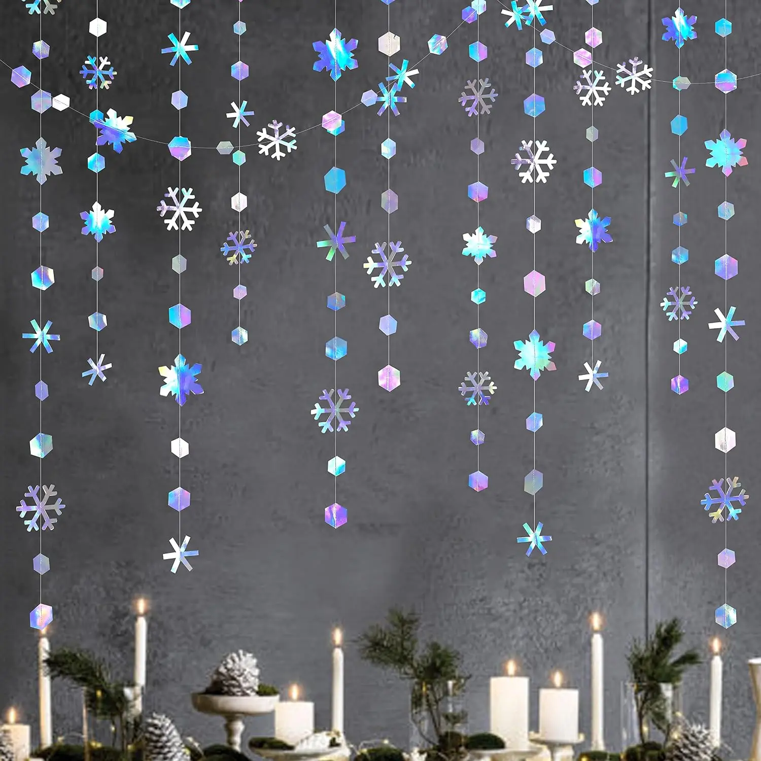 Clearance Winter Wonderland Party Decorations Iridescent Snowflake Garland Holographic Paper Snowflake Streamer for Winter Onederland Christmas Frozen Birthday Wedding Bridal Shower Party Supplies