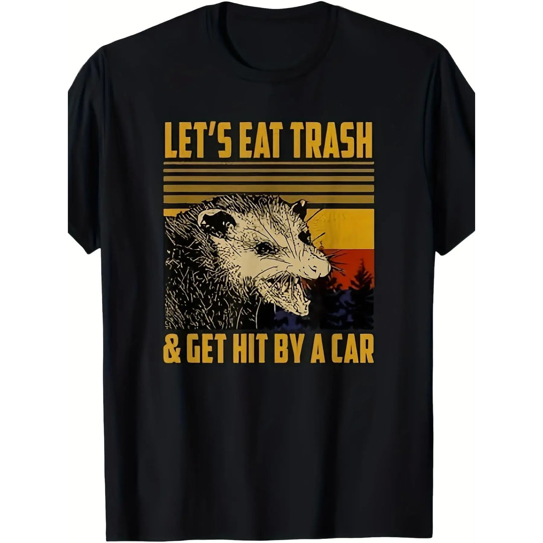 Men's 180gsm Knit Cotton Fabric Short-Sleeve Round Neck Top, Sarcastic Opossum Graphic T-Shirt with Funny "Let's Eat Trash and Get Hit by a Car" Design for Casual Attire, Themed Events, Shortsleeve, Tops