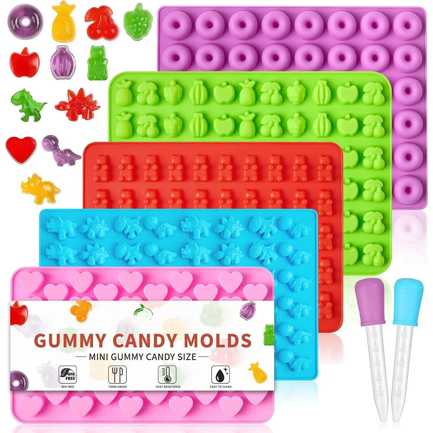 5 count Mini  Candy Molds with 2 Dropper,   Donut Dinosaur Fruit Snack Molds Non-stick and  Jello Candy Mold for Small  Gummies