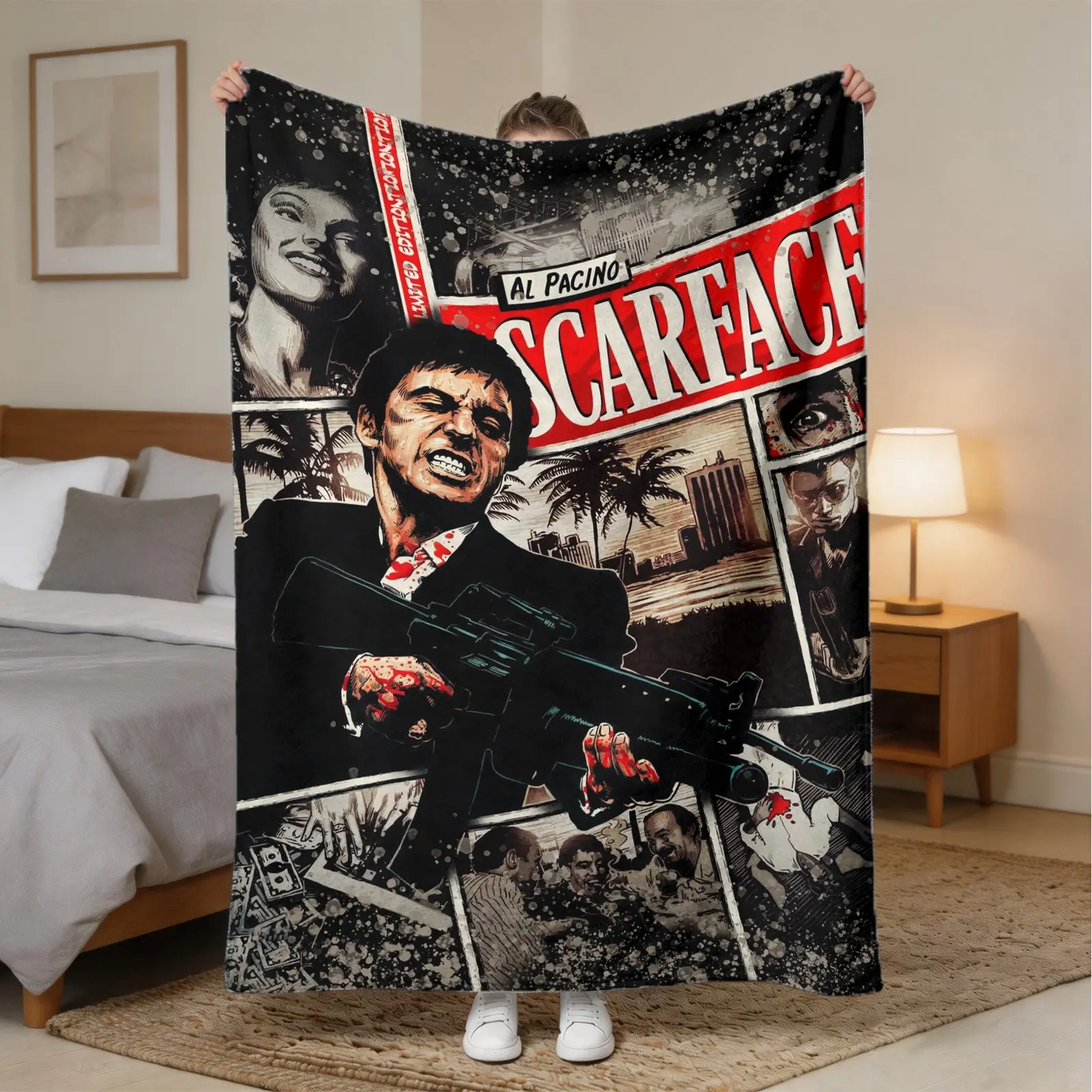Scarface Movie Poster Flannel Blanket, Soft Skin-Friendly Warmth, Sofa Bedroom Nap Multi-Scene Use, Classic Print Style