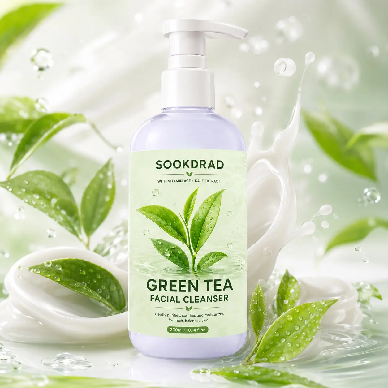 Green Tea Facial Cleanser, contains Vitamin ACE, contains Kale Extract, gently purifies, soothes, moisturizes, for face, all skin types, daily skincare, 300ml/10.14 fl oz