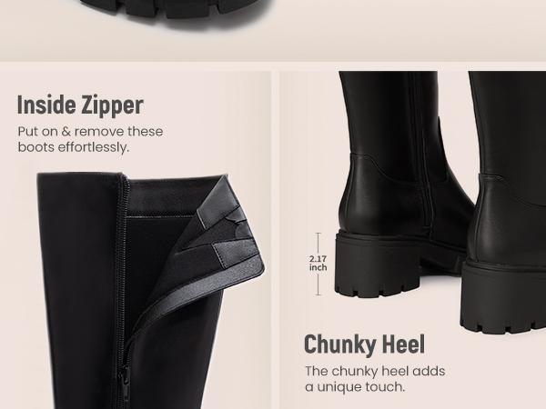Athlefit Platform Knee High Boots for Women Round Toe Chunky Lug Sole Tall Boots with Side Zipper Black Walking Shoes