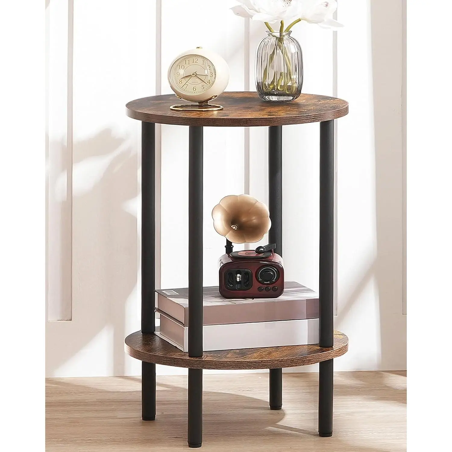 CHOEZON Round Side Table, 2-Tier End Table, Small Round Nightstand with Sturdy Metal Tube, Industrial Circular Coffee Table, for Living Room, Bedroom, Rustic Brown and Black TBZ01BF