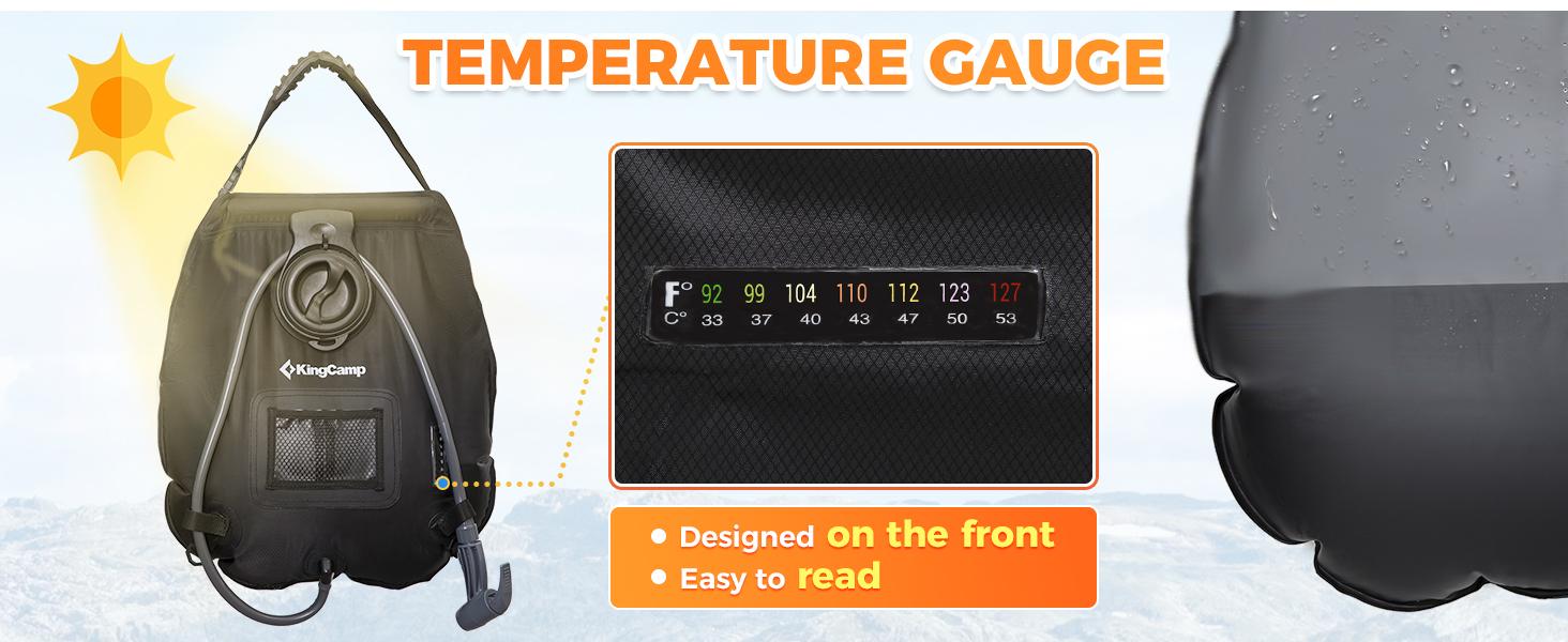 KingCamp Solar Shower Bag, Leak-Proof Design Camping Shower Bag with Thermometer, Removable Hose & Switchable Shower Head, 5 gallon/20L