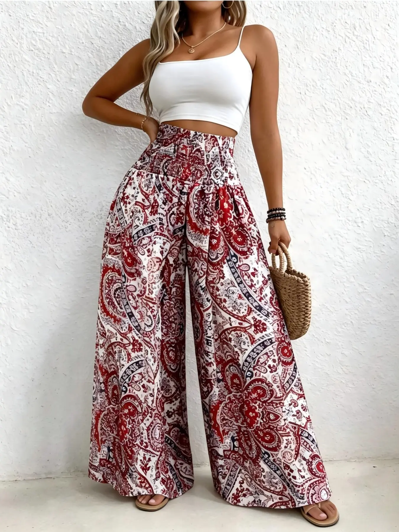 Plus Size Women Boho Paisley Print High Waist Wide Leg Pants,Loose Vacation Palazzo Trousers