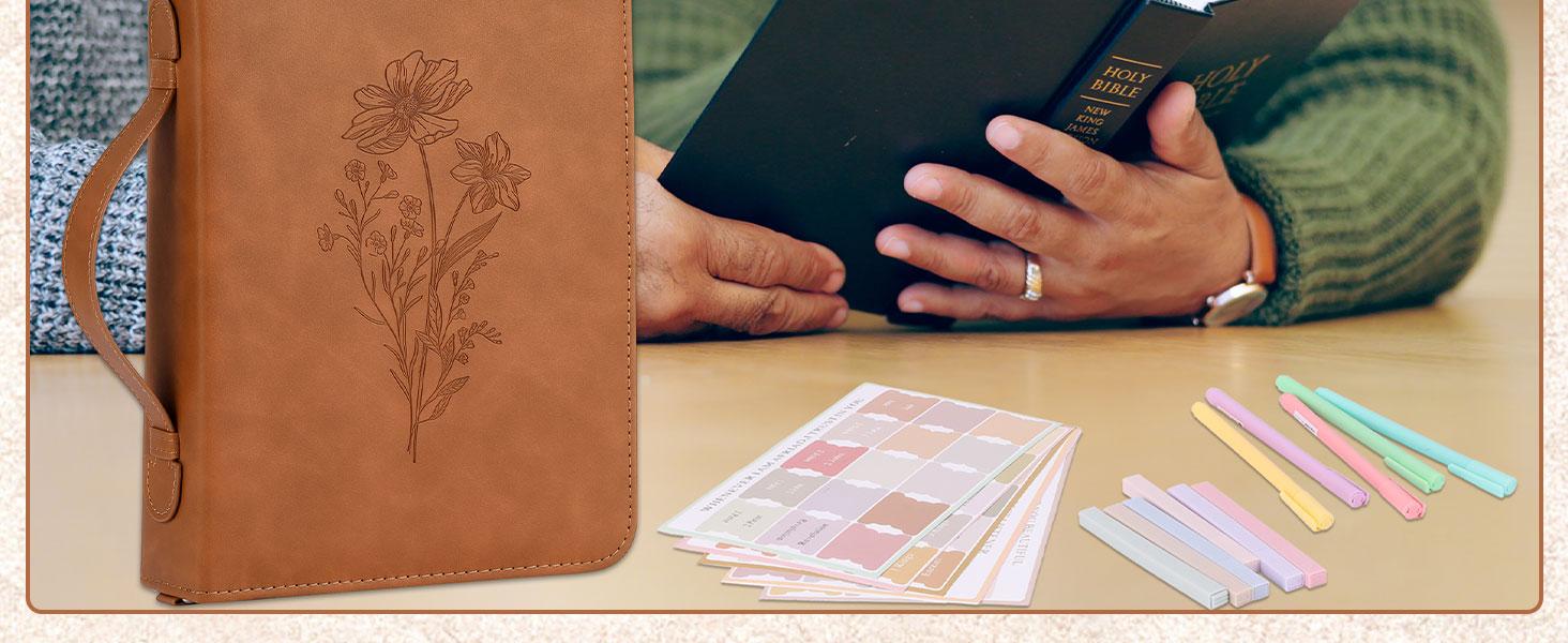 19PCS Floral Brown Leather Bible Cover Women Bible Cover Cases Teen Girls Christmas Gift Christian Carrying Bag Journaling Kit with Shoulder Strap Highlighter Pens & Book Marker Study Supplies