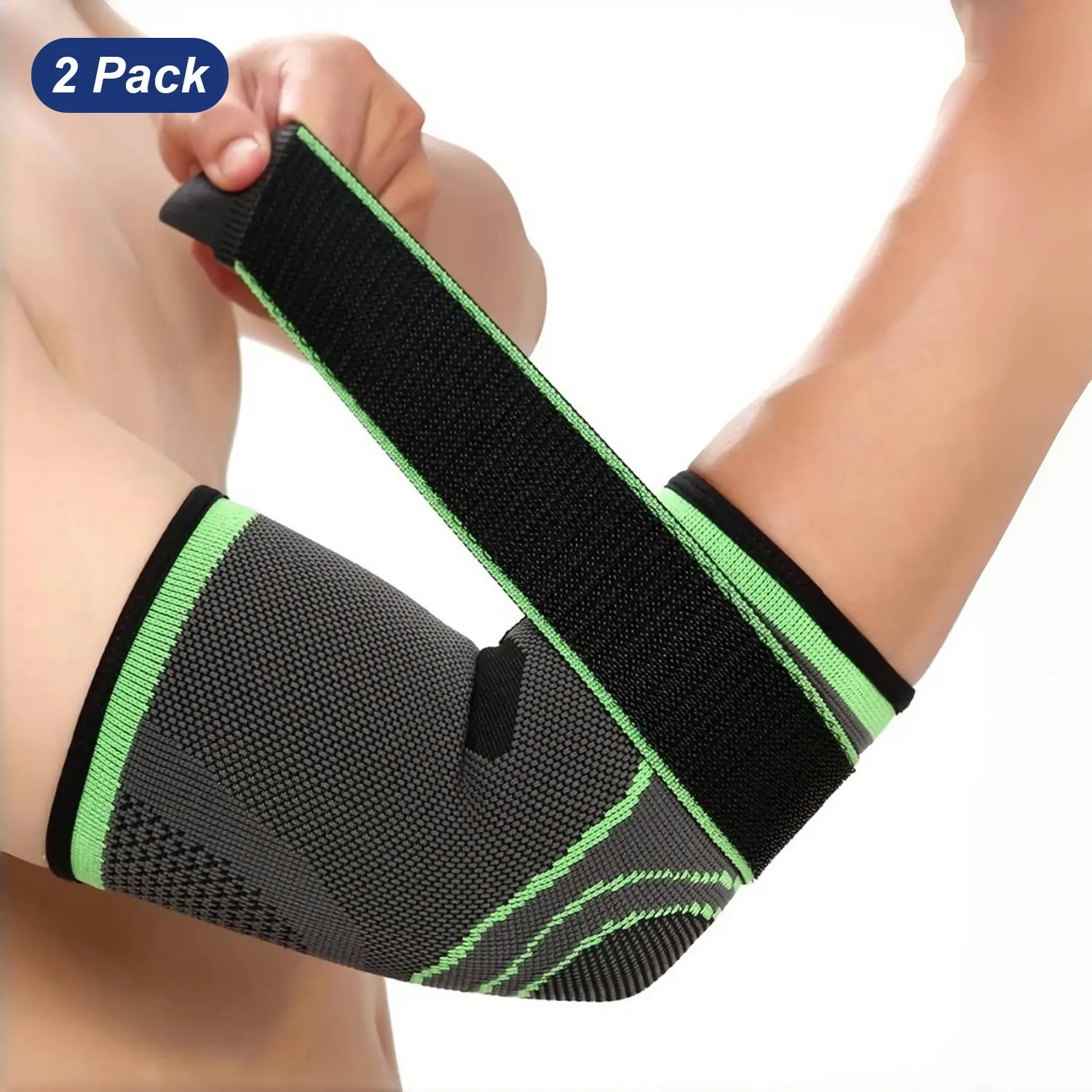 2 Pack Elastic Elbow Compression Sleeve with Adjustable Pressure Strap, Soft Breathable Elbow Support Brace for Tennis Elbow, Golfer Elbow, Weightlifting Gym Workout, Arm Pain Relief for Men & Women