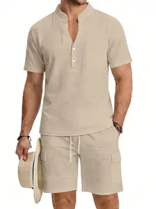 Men's Summer Outfits Solid Color 2 Piece Linen Set for Daliy Wear, Classic Henley V-Neck Short Sleeve Shirt & Cargo Shorts, Breathable Summer Beach Outfit for Vacation, Multi Color Available.