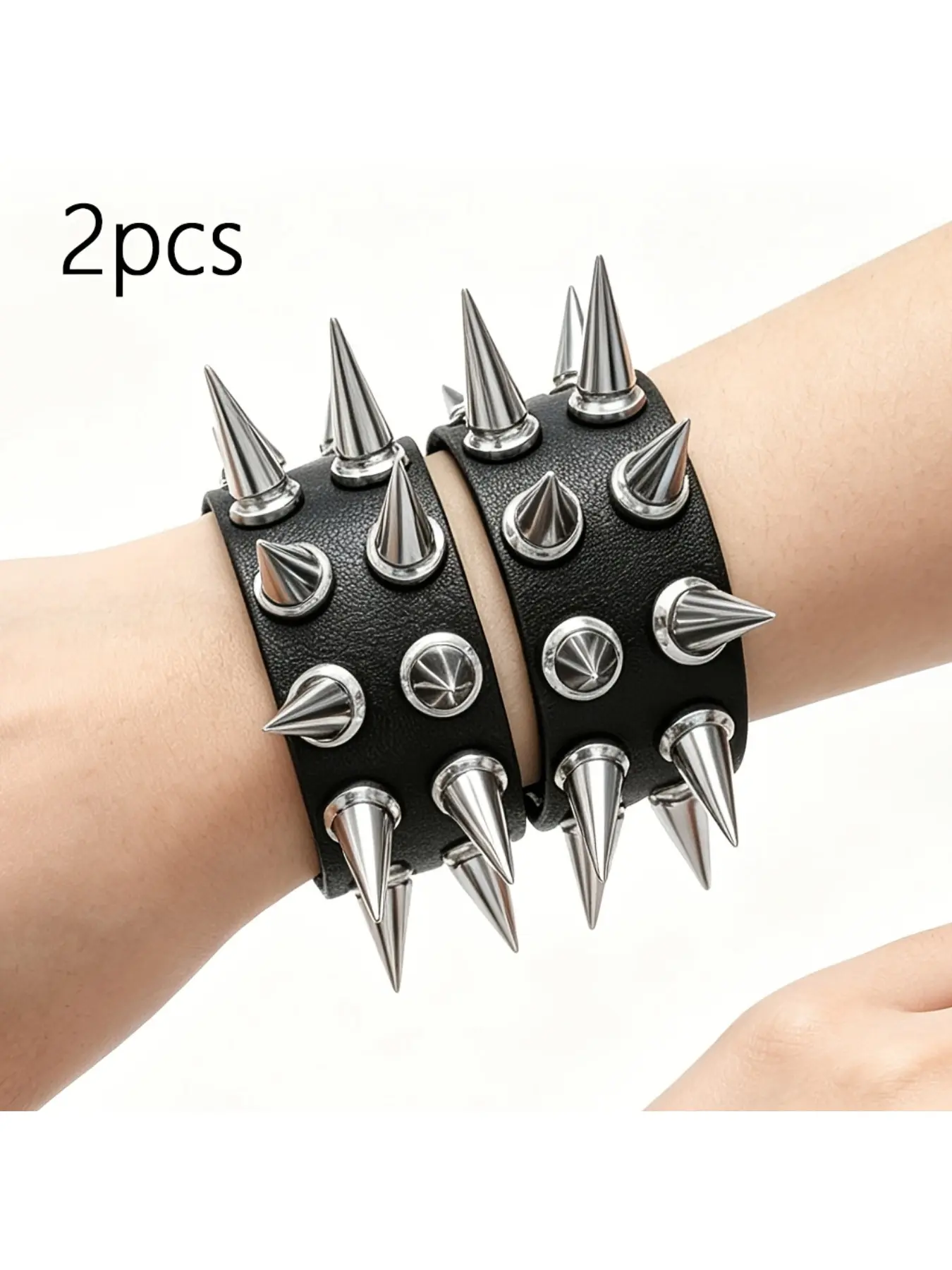 2Pcs Punk Black PU Leather Spike Bracelet Sets Adjustable Metal Spikes Wrist Cuff Punk Halloween Party Wrist Jewelry