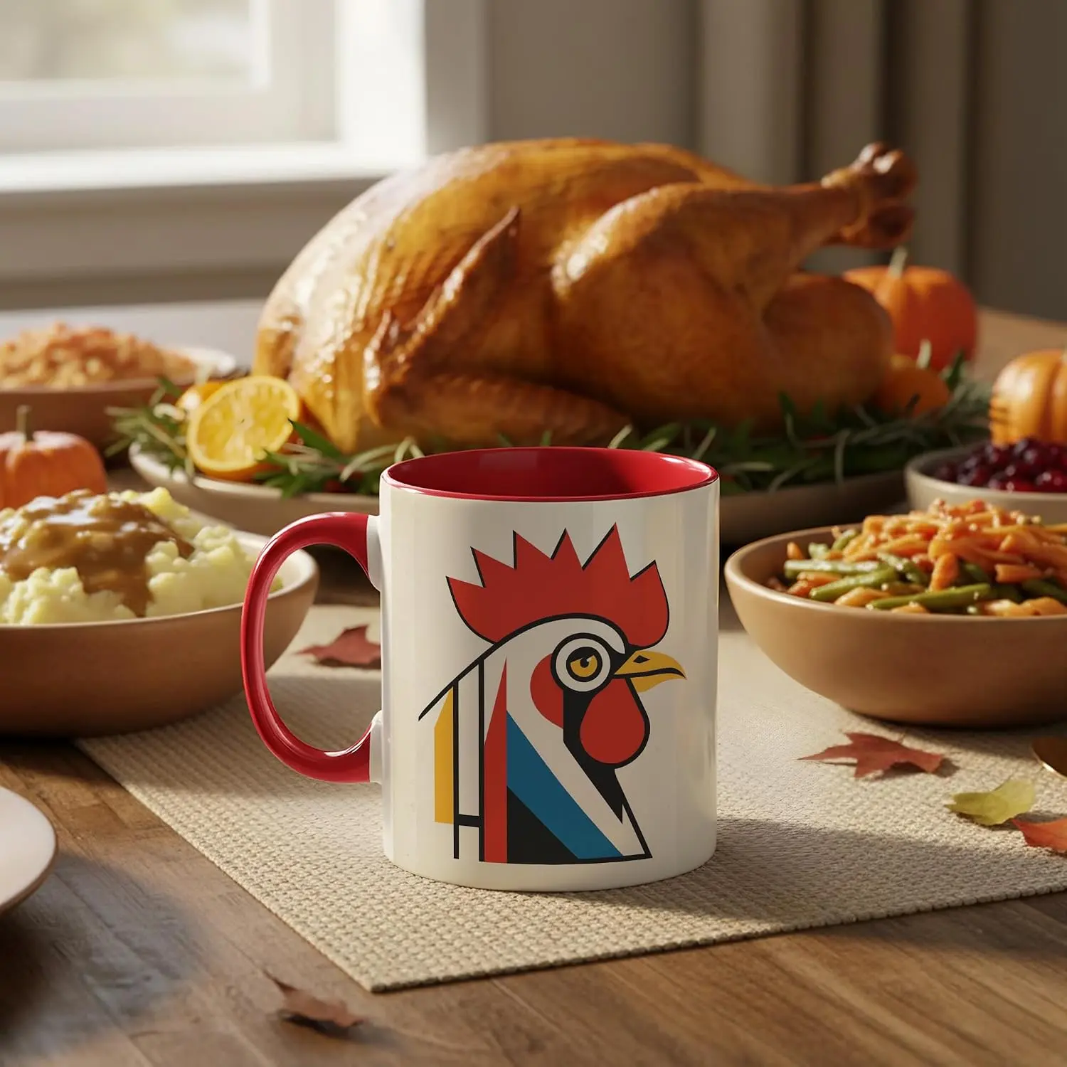 Geometric Rooster Coffee Mug, Modern Farm Animal Ceramic Mug, Graphic Farmhouse Morning Gift, Bold Folk Chicken Illustration Detail, 11oz Accent Ceramic Cup With Red Handle For Kitchen Decor, Halloween Gifts, Christmas Gifts