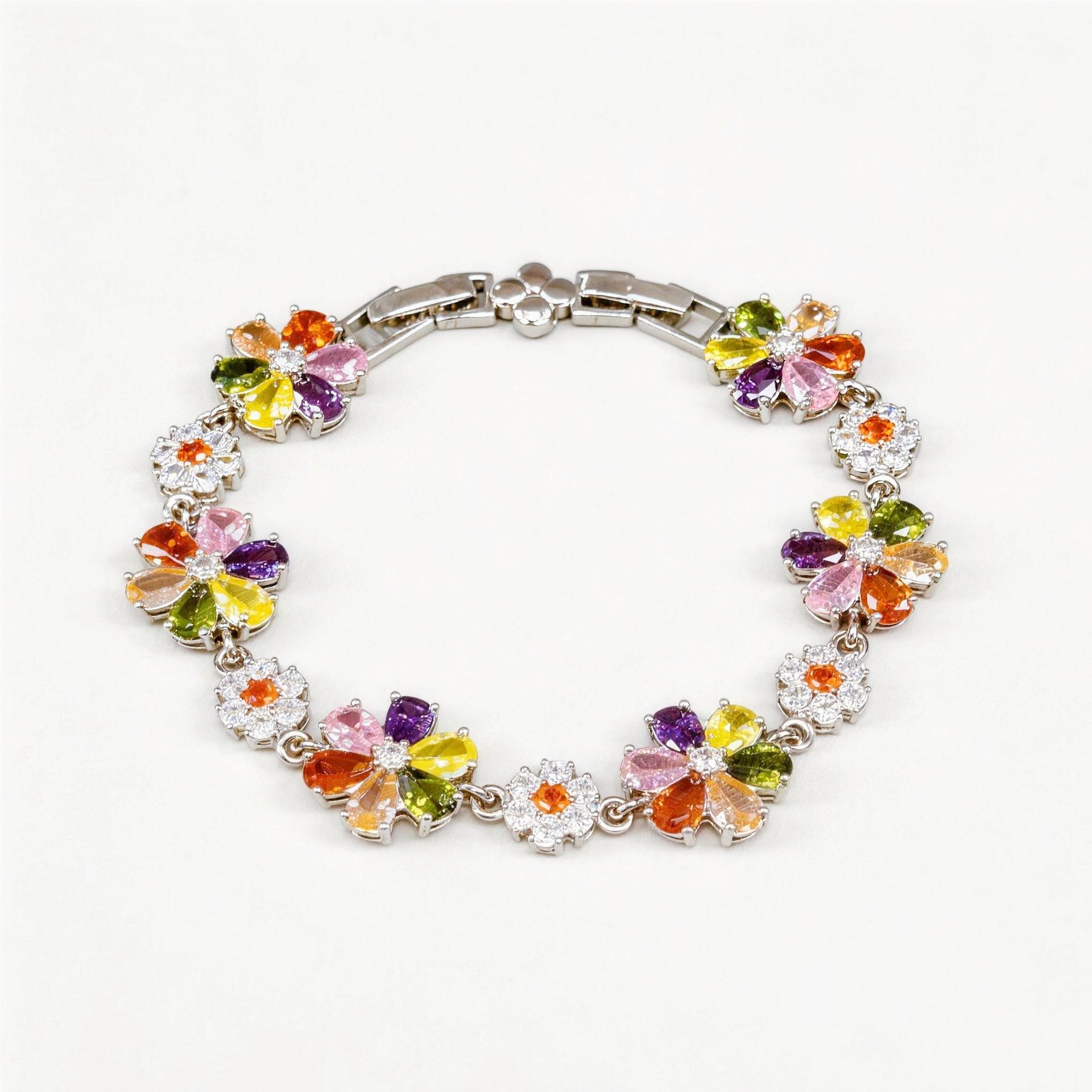 Colorful Flower Cubic Zirconia Bracelet for Women, Dainty Silver Plated Floral Tennis Bracelet, Sparkly Multicolor CZ Statement Jewelry, Perfect Gift for Mom, Sister & Best Friend