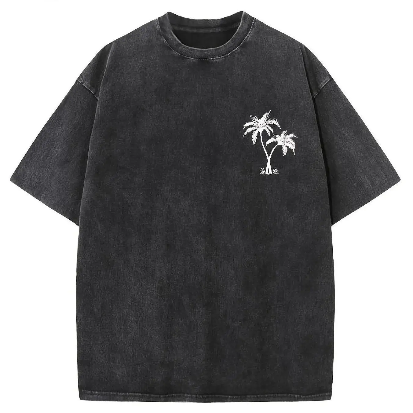 Men's Oversized Drop Shoulder T-shirt - 230g Pure Cotton, Coconut Tree Graphic Tee, Retro Street Loose Fit Unisex All Seasons Medium Length Washed Top, Oversized T Shirt, Washed Tee