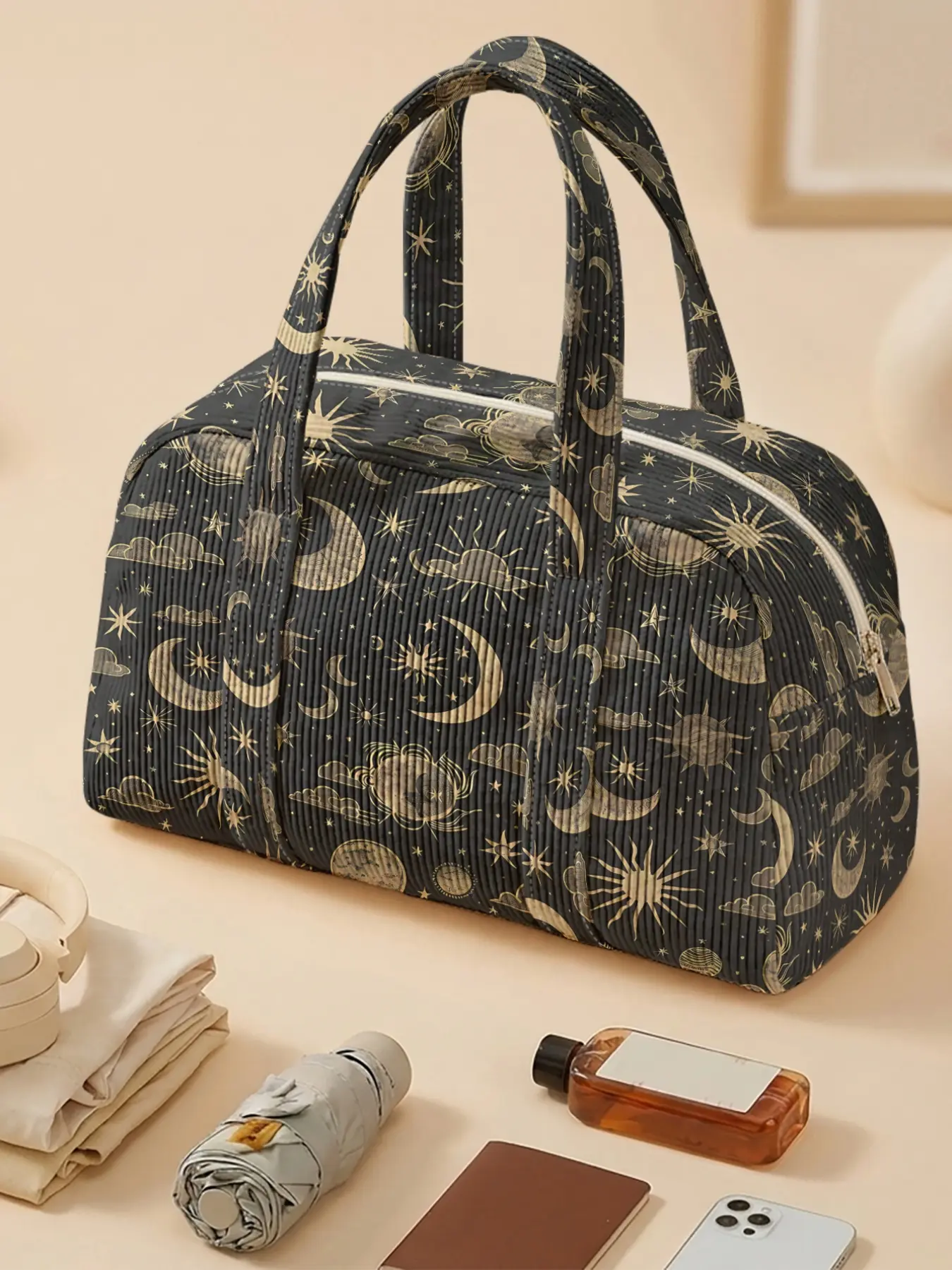 Women's tote bag, Dark Gold Sun Moon Starry Sky Universe Pattern 2D Print, Corduroy tote with rounded shape & full zipper, great for travel, gym and daily outings,