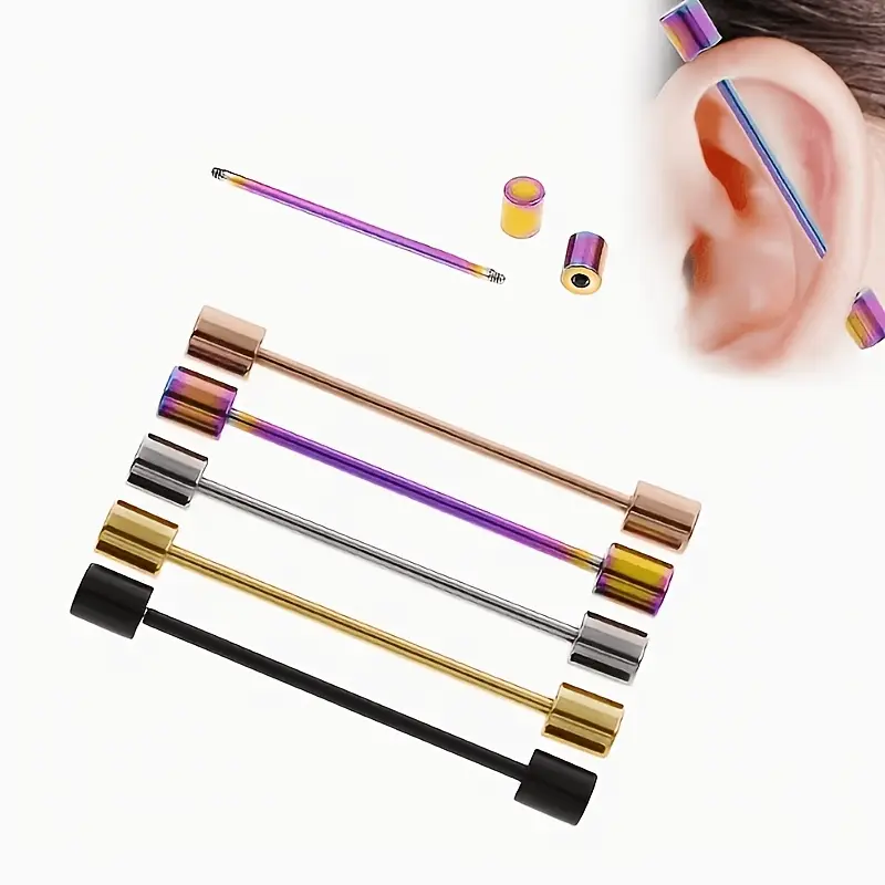 5pcs Hip-hop Minimalist Stainless Steel Piercing Stud Earrings Cylindrical Barbell Industrial Style Earrings, Versatile Punk Style Long Earbone Studs, Ear Bridge Studs, Double Earhole Jewelry, Unisex, Suitable for Daily Party Wear