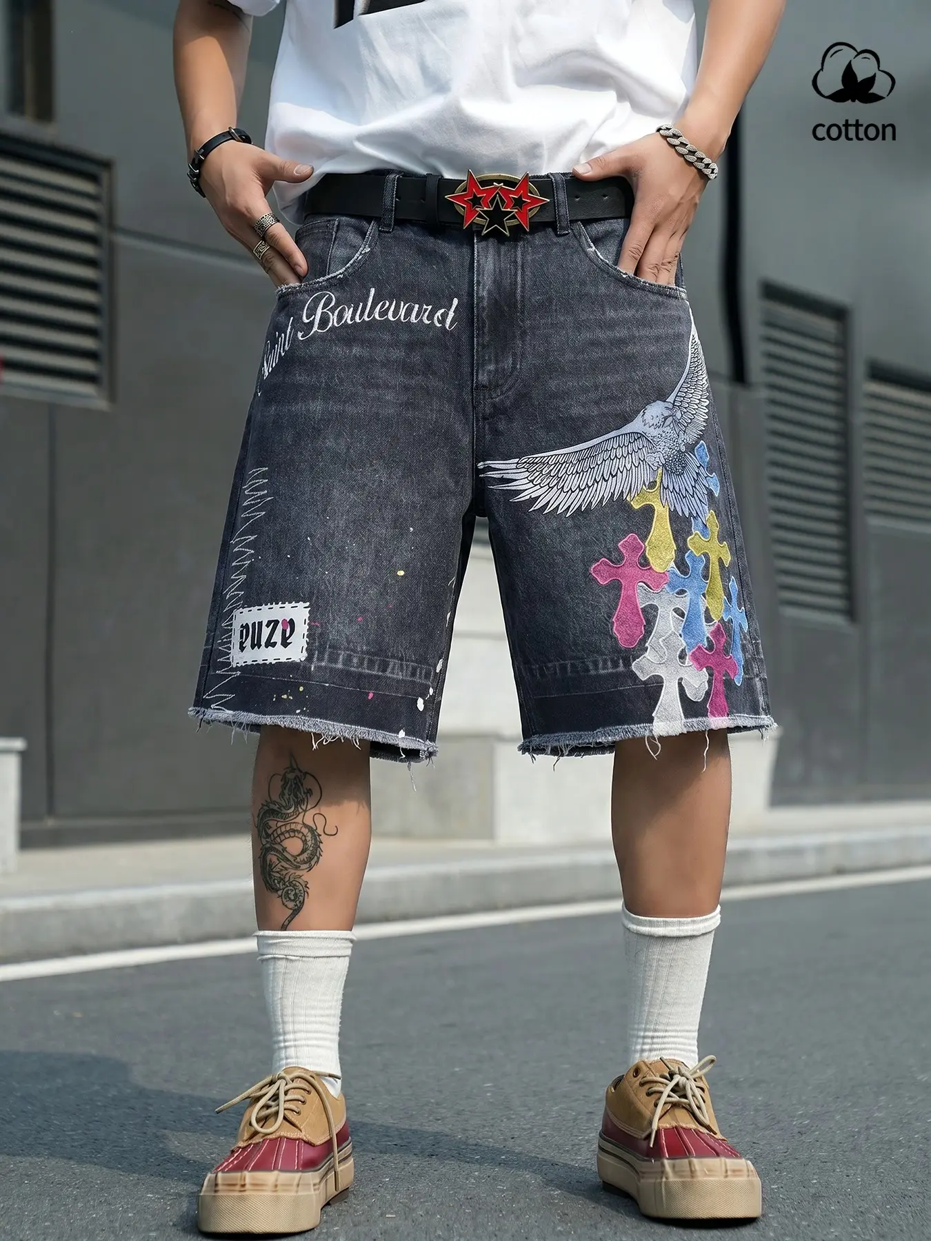 Printed Casual Denim Shorts, Five-Quarter Jeans, Star Pattern, American Street Style, Fashion Daily Wear, High Waist, Button Fly, All Seasons, Streetwear