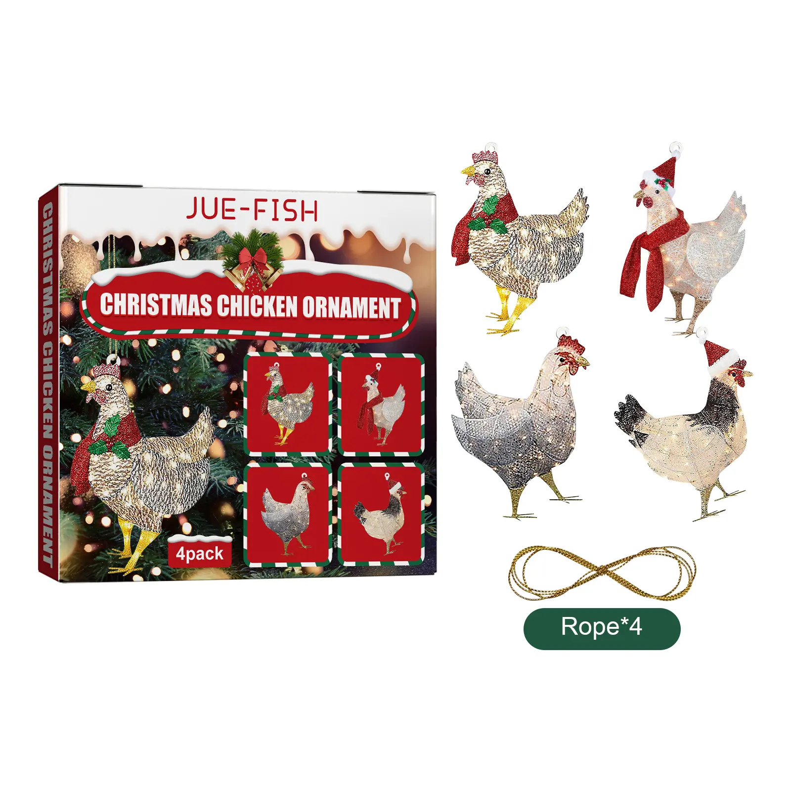 Jue-Fish 4-Pcs Christmas Chicken Ornament Set - Scarf, Santa Hat Farm Animal Hanging Pendants, Doll Making Supplies, Home Holiday Party Tree Decorations